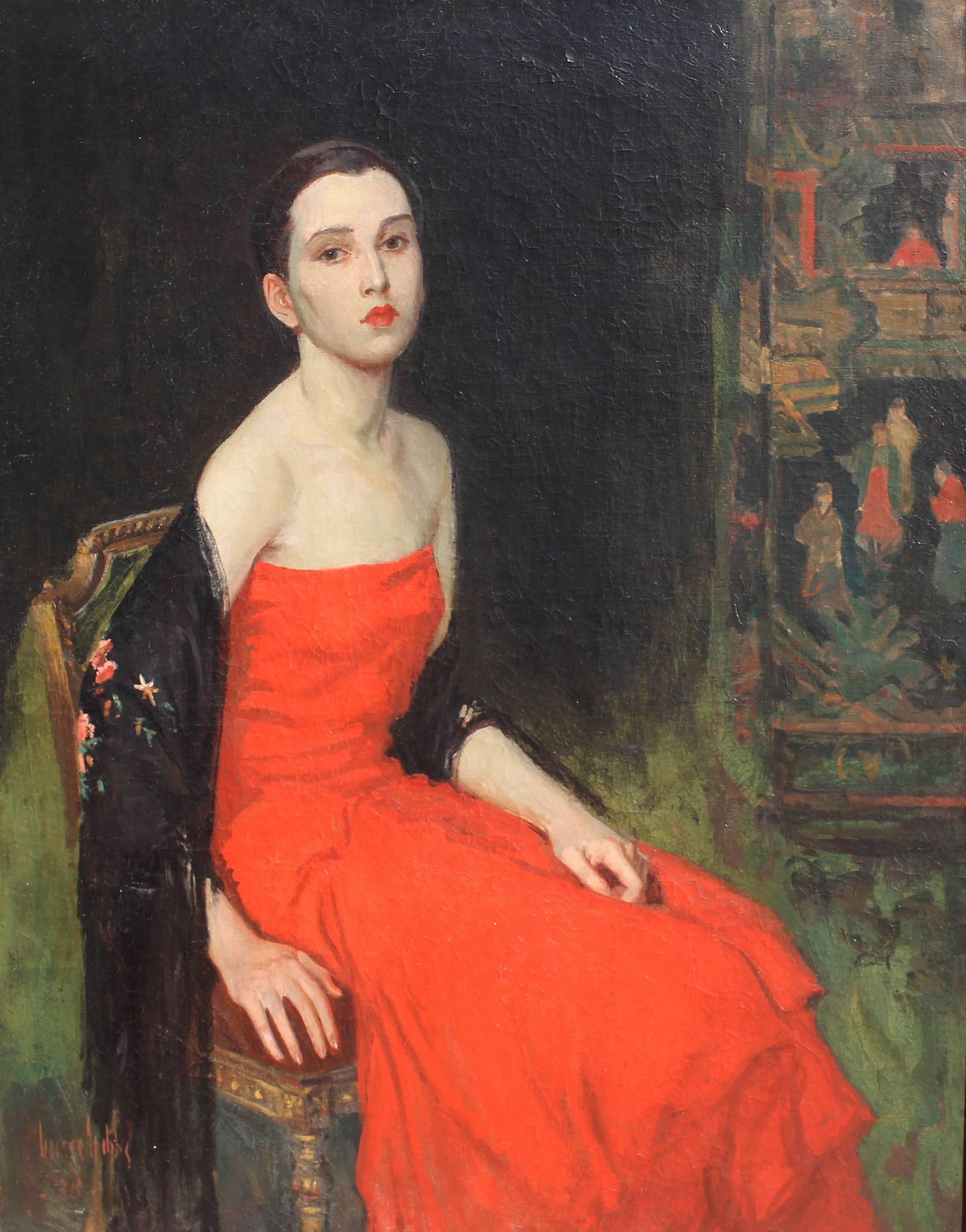 Young girl in red. A painting of the artist's daughter in the Japonisme style. Life size portrait. Oil on canvas. In the original Newcomb Macklin carved and silver gilt frame. 
    George F. Gibbs(1870-1942). From New Orleans and living for a