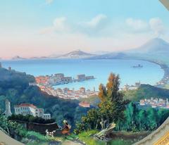 Italian Antique Gouache on Paper, Grand Tour "The Bay of Naples with Mount Vesuv