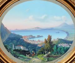 Gouache ancienne italienne sur papier:: Grand Tour "La Baie de Naples avec le Mont Vesuv