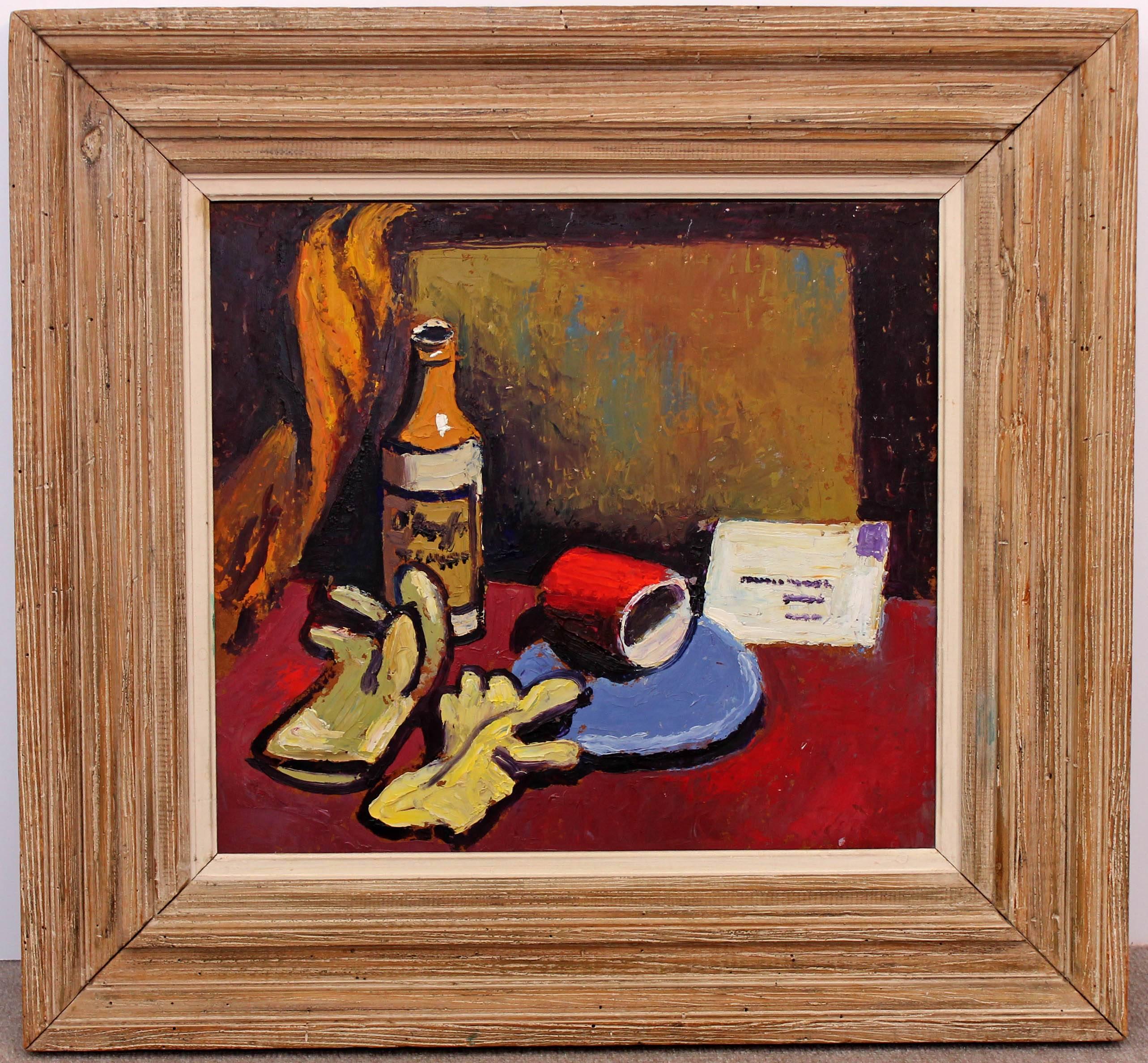 Colorful and bold oil painting with heavy impasto. Oil on panel. Still life by Henri Gaudriot. Dated 1944. In period oak frame. Exhibited Rochester, New York finger lakes show, 1944.