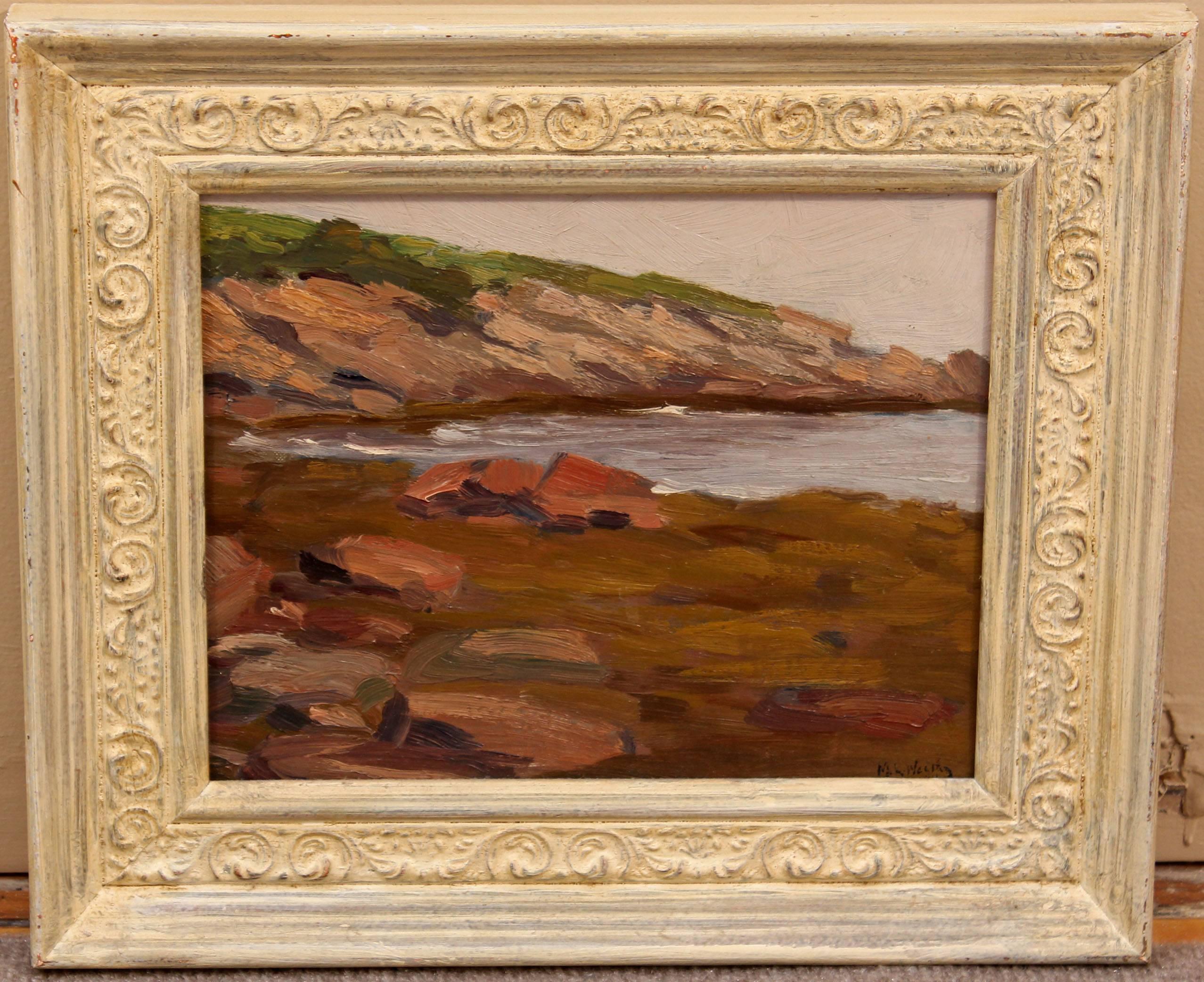 Impressionist seascape oil painting. Oil on board. Matilda Leipold Weston was born in Germany on April 21, 1870. Weston moved to southern California in the 1930s. She lived in Carlsbad and San Diego before settling in Pasadena. She died there on