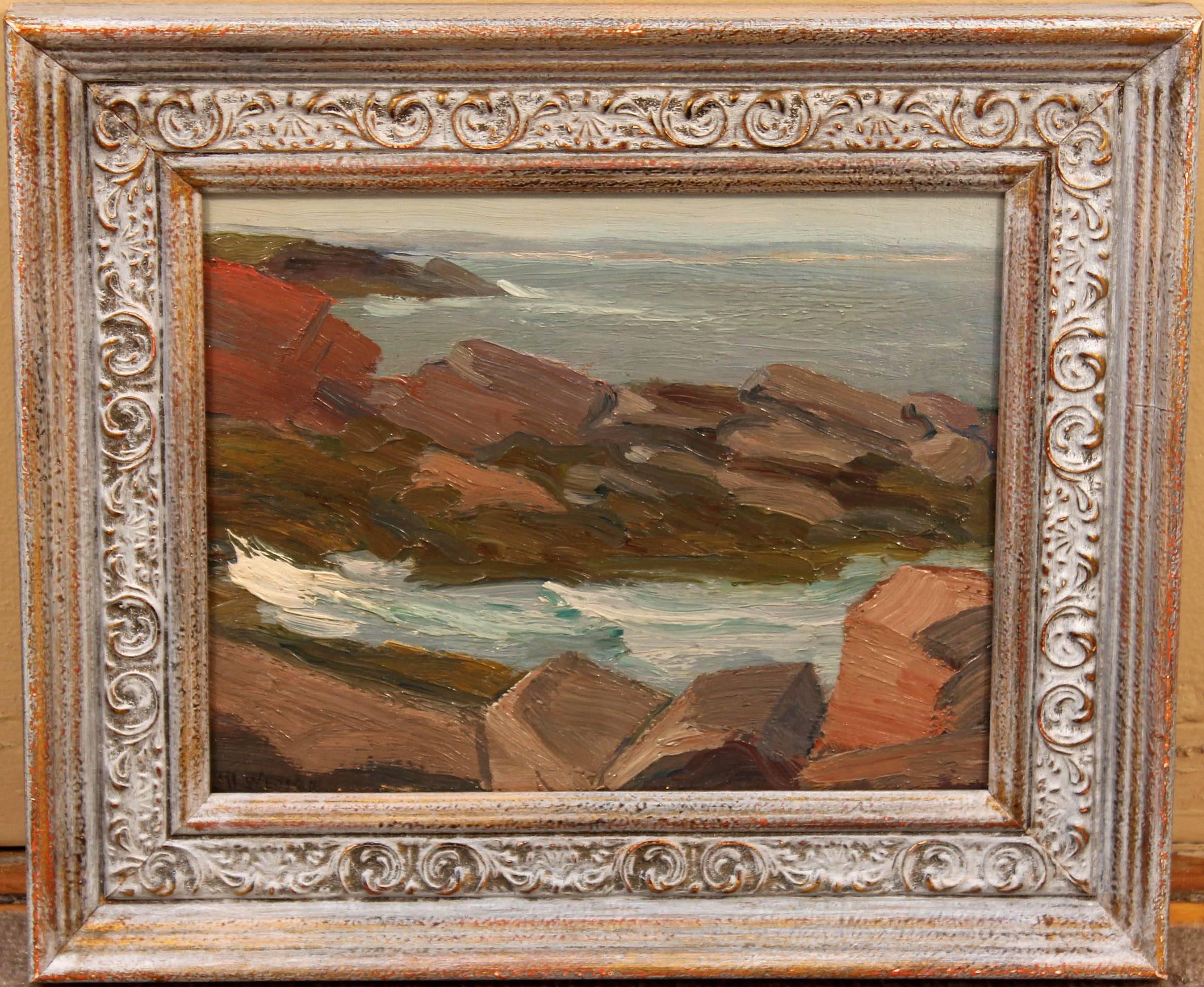 Painting: Oil painting. Impressionist seascape. Oil on board. Dated August 1914 on reverse. Matilda Leipold Weston was born in Germany on April 21, 1870. Mrs. Weston moved to southern California in the 1930s. She lived in Carlsbad and San Diego
