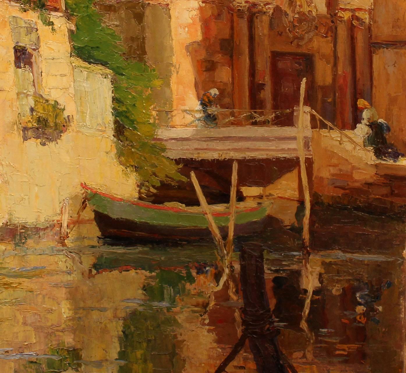 Sunny Venetian canal scene. Oil on canvas. Signed illegibly lower right. Unframed.