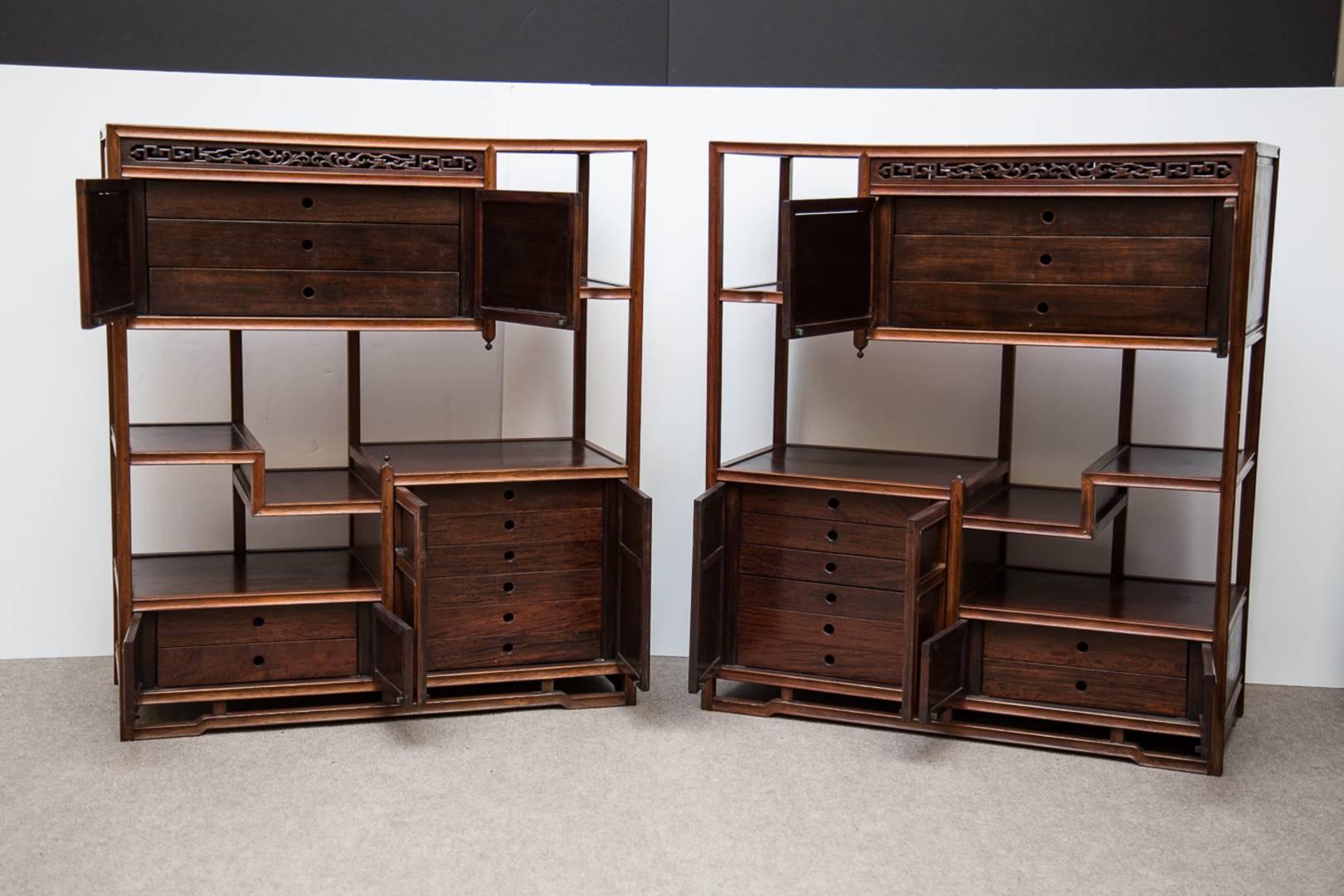 Pair of Japanese Tansu Cha cabinets. Finely made. Teakwood. Multi drawer. Late Meiji period.