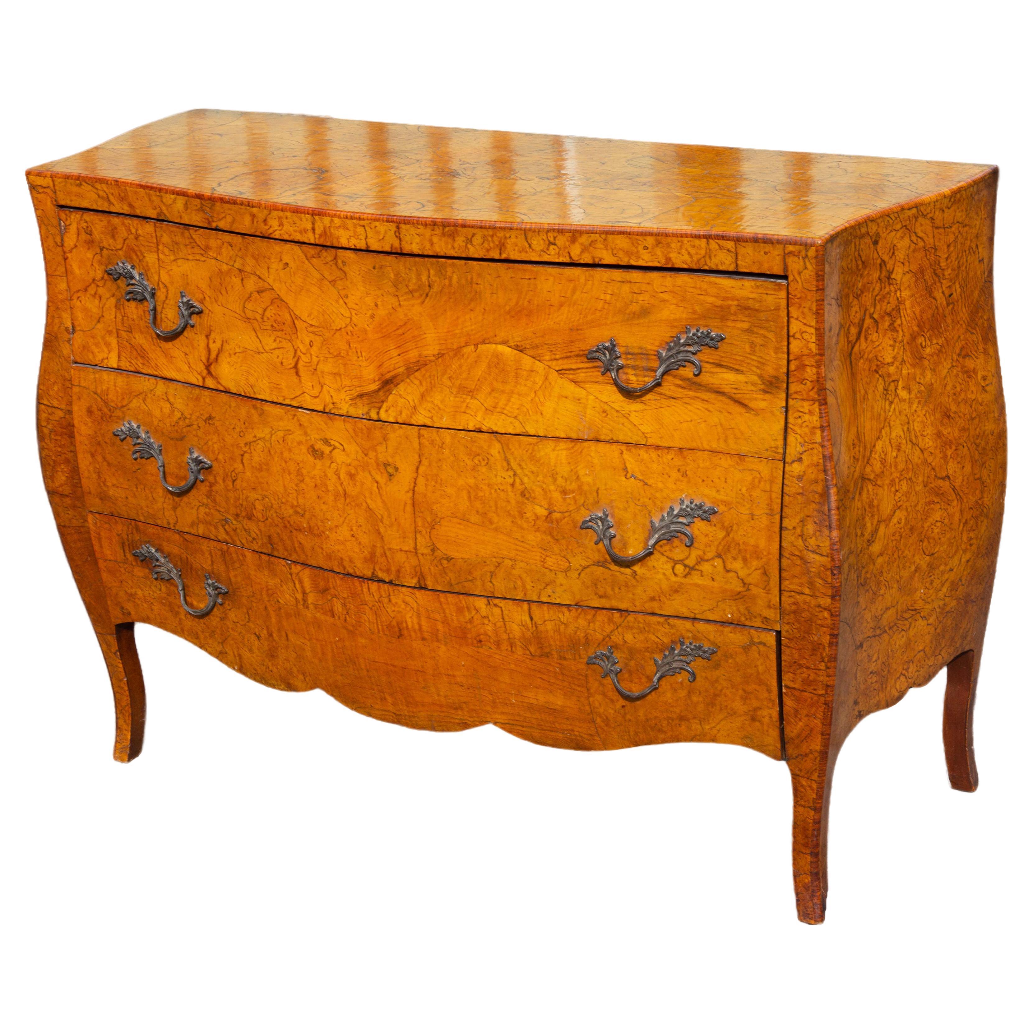 Finest Italian Olive Wood Bombe Commode or Chest Mid 20th Century 