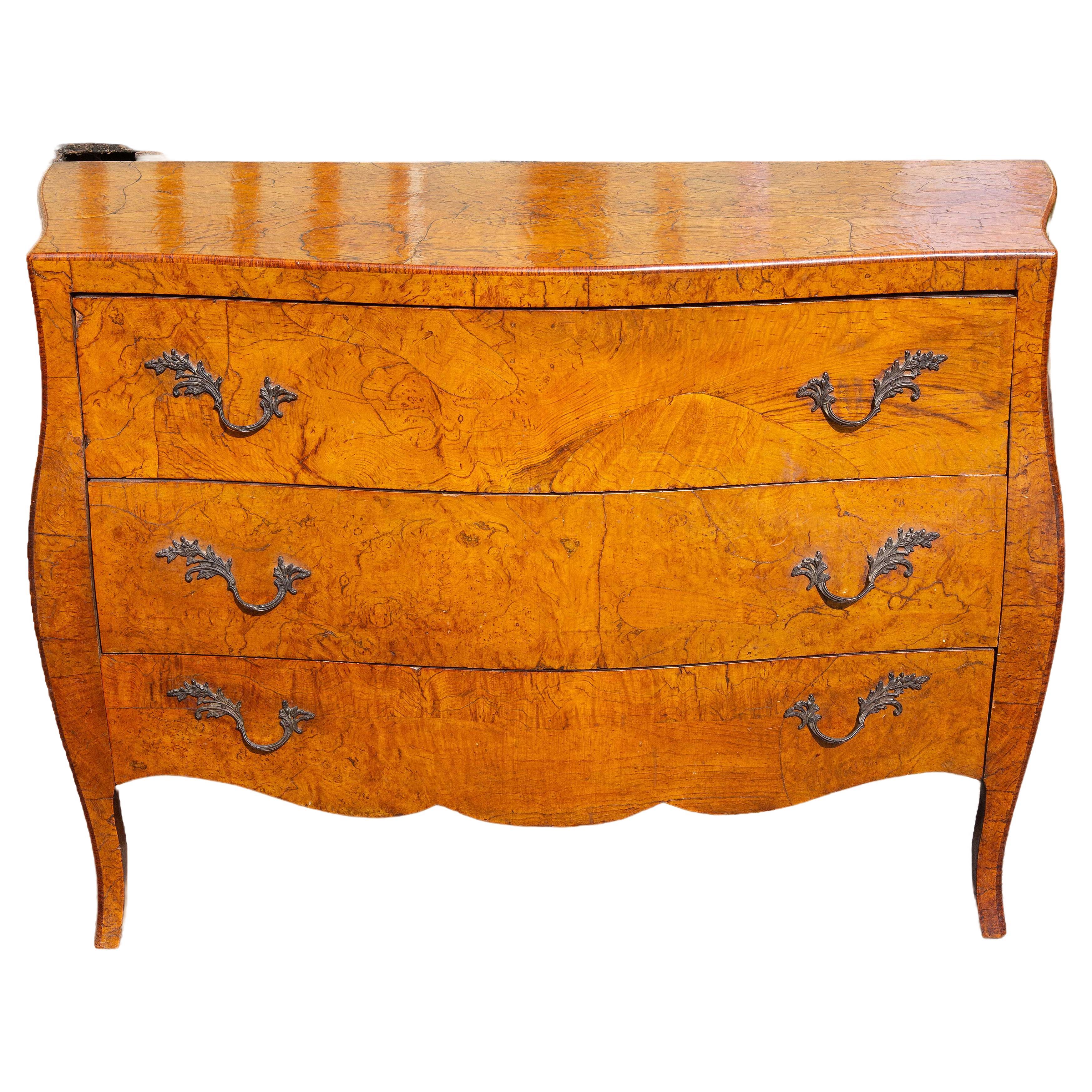 Finest large Italian olive wood commode. Circa 1960's. Exceptional quality figured wood.  Please, contact us for additional shipping quotes. Joseph Dasta Antiques