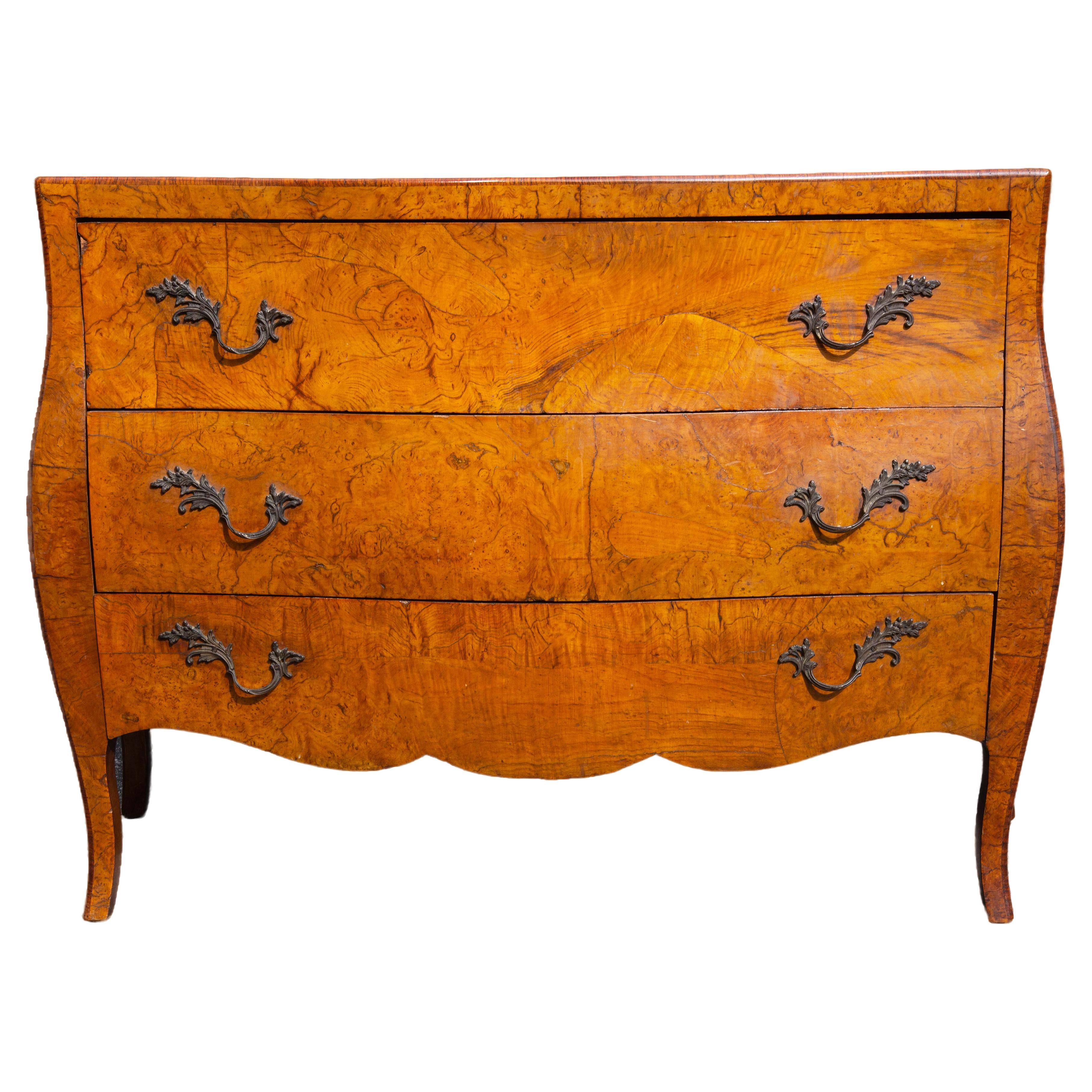 European Finest Italian Olive Wood Bombe Commode or Chest Mid 20th Century  For Sale