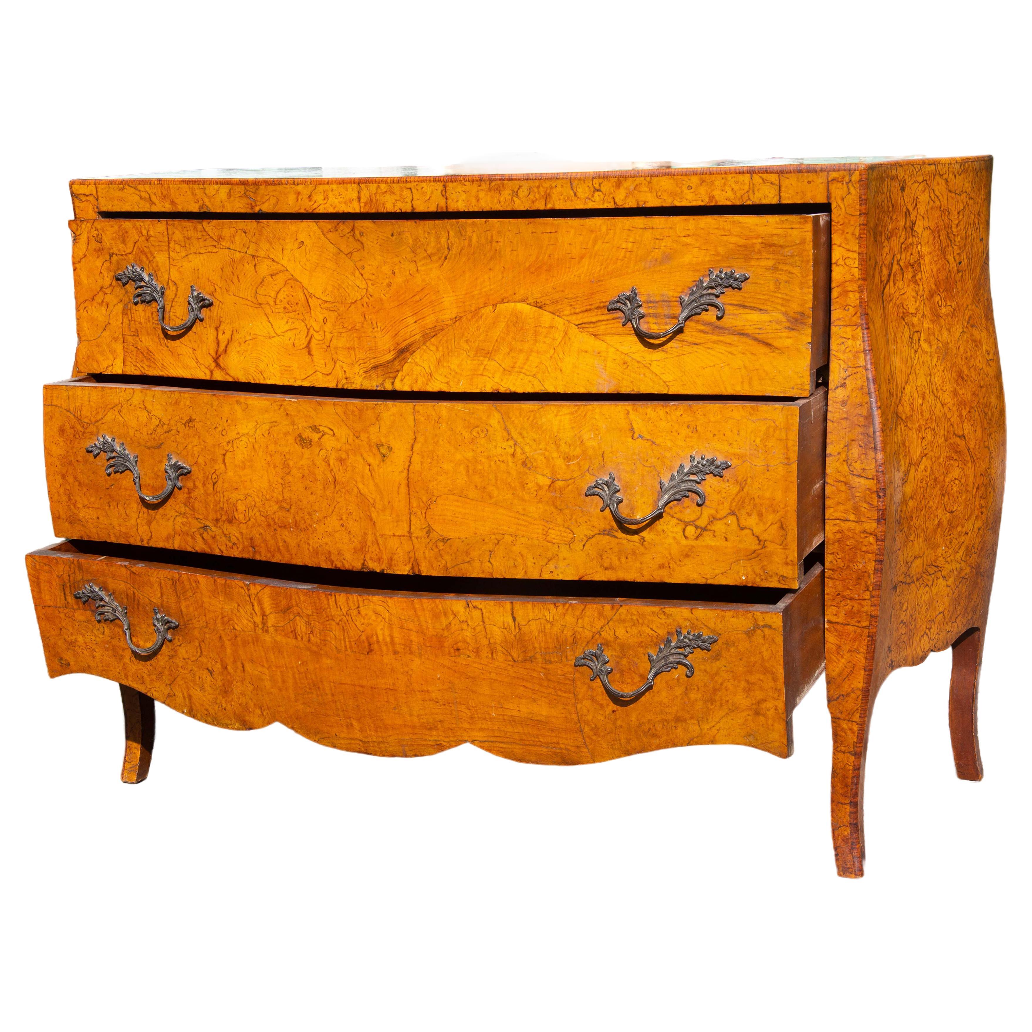 Hardwood Finest Italian Olive Wood Bombe Commode or Chest Mid 20th Century  For Sale