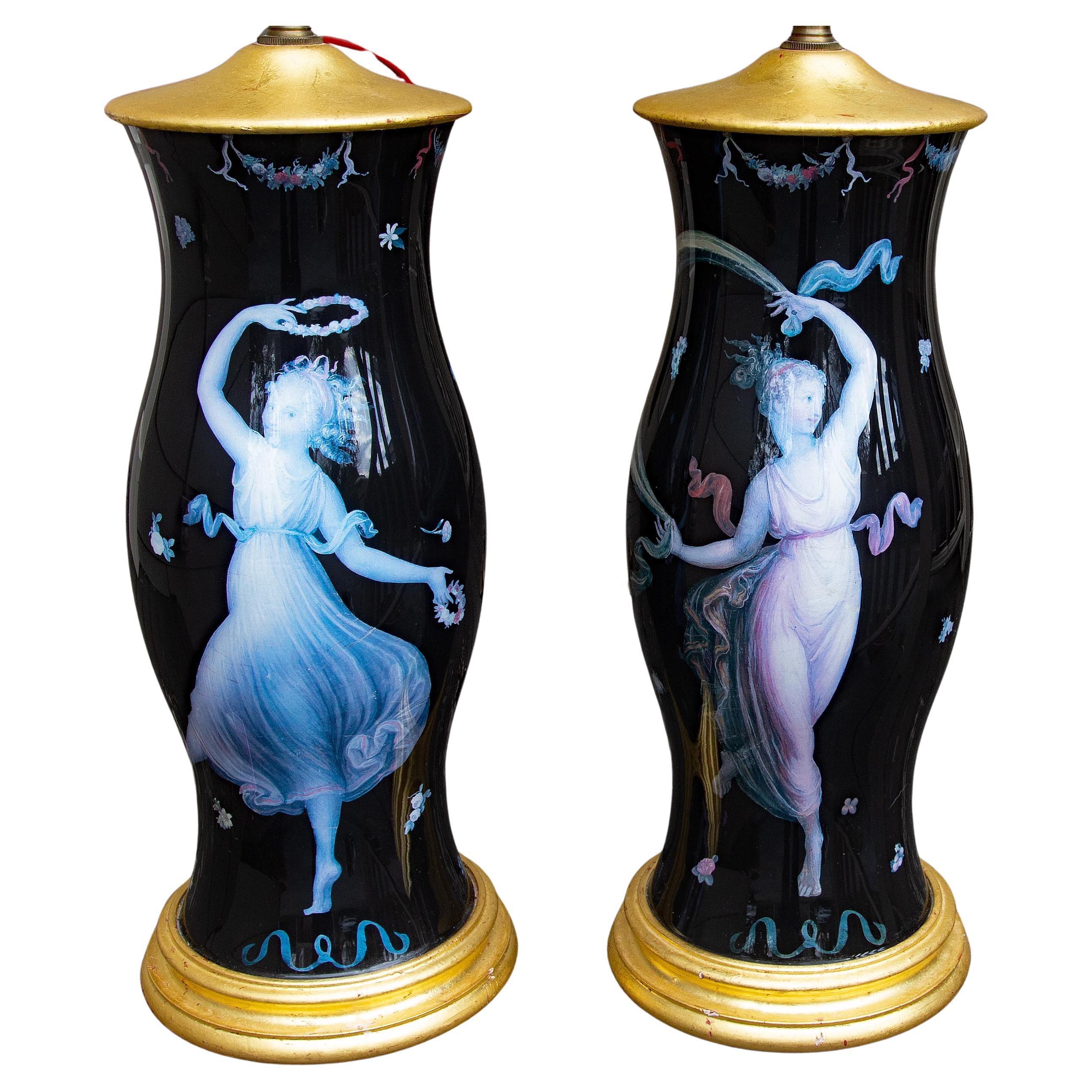 Pair Neoclassical Style Décalcomanie Lamps Mid Century with Silk Shades