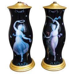 Pair Neoclassical Style Décalcomanie Lamps Mid Century with Silk Shades