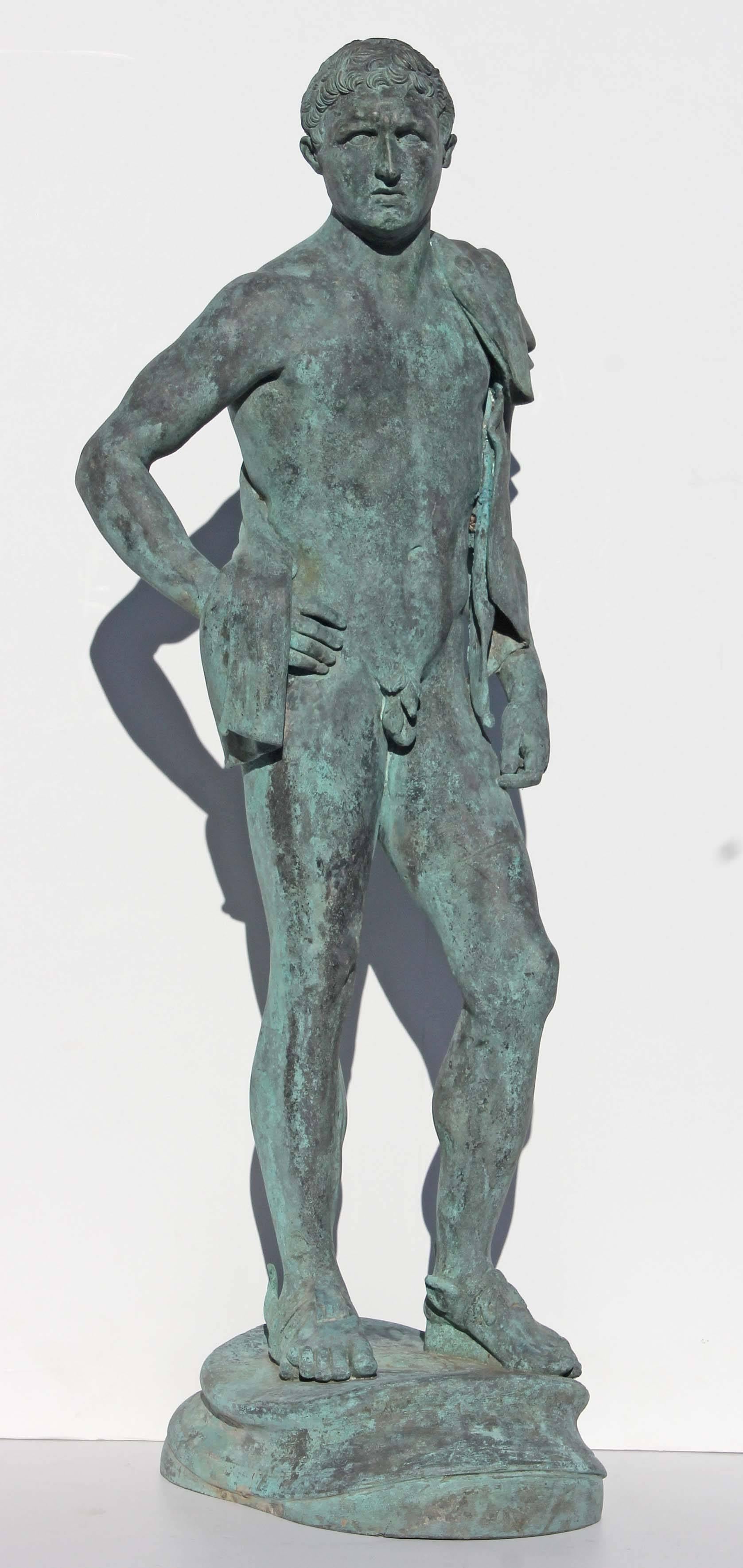 Large Italian bronze garden sculpture of Hermes after the antique. A classical 19th century Grand Tour sculpture cast by U. Marcellini.