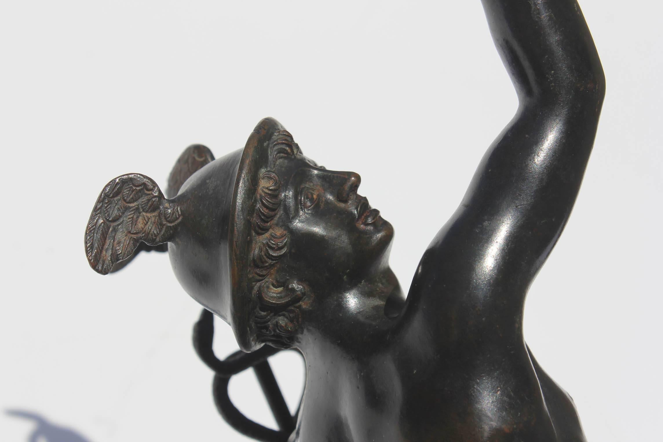 19th Century Grand Tour Patinated Bronze Figure of Winged Mercury on Marble Plinth