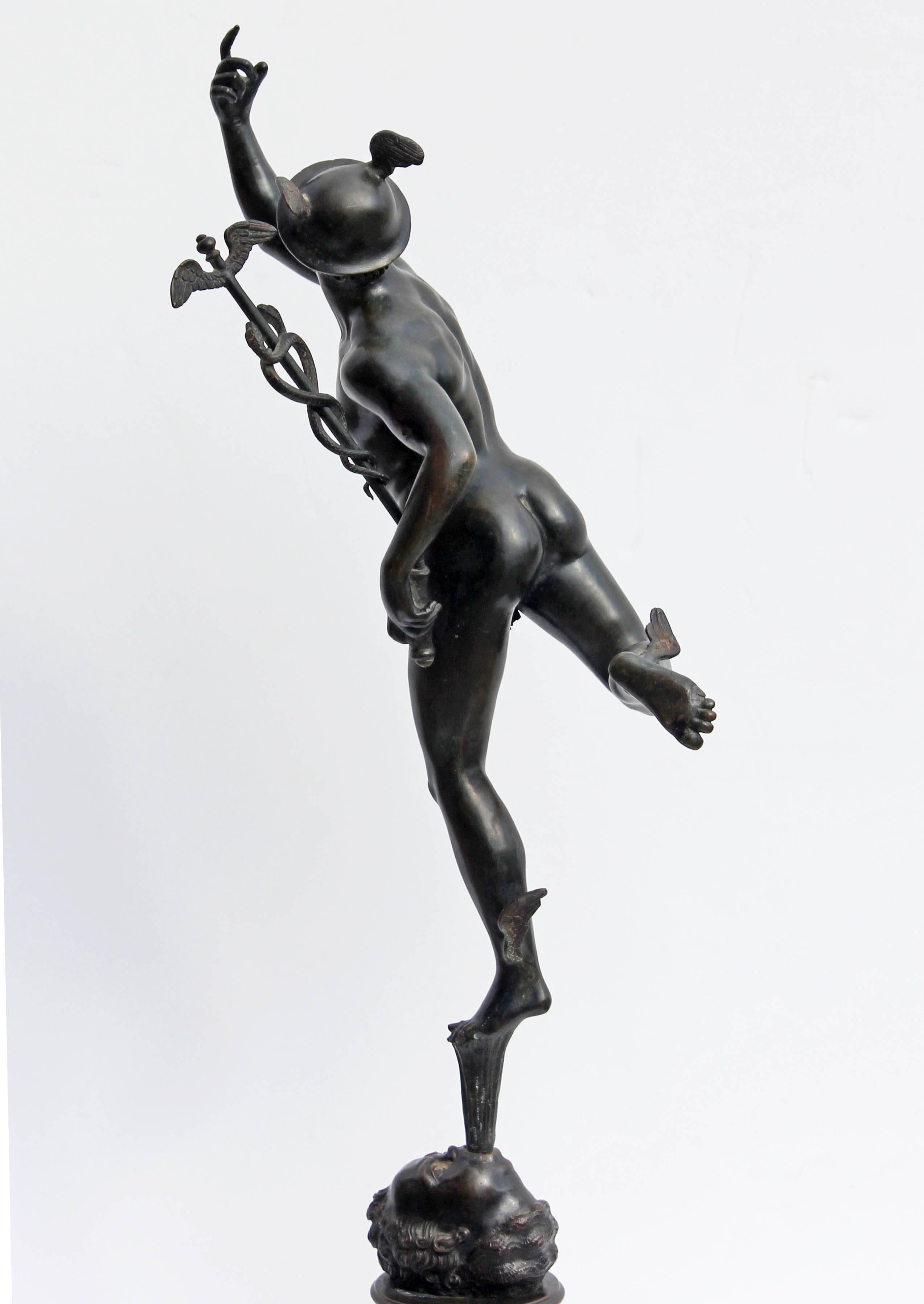 Italian Grand Tour Patinated Bronze Figure of Winged Mercury on Marble Plinth