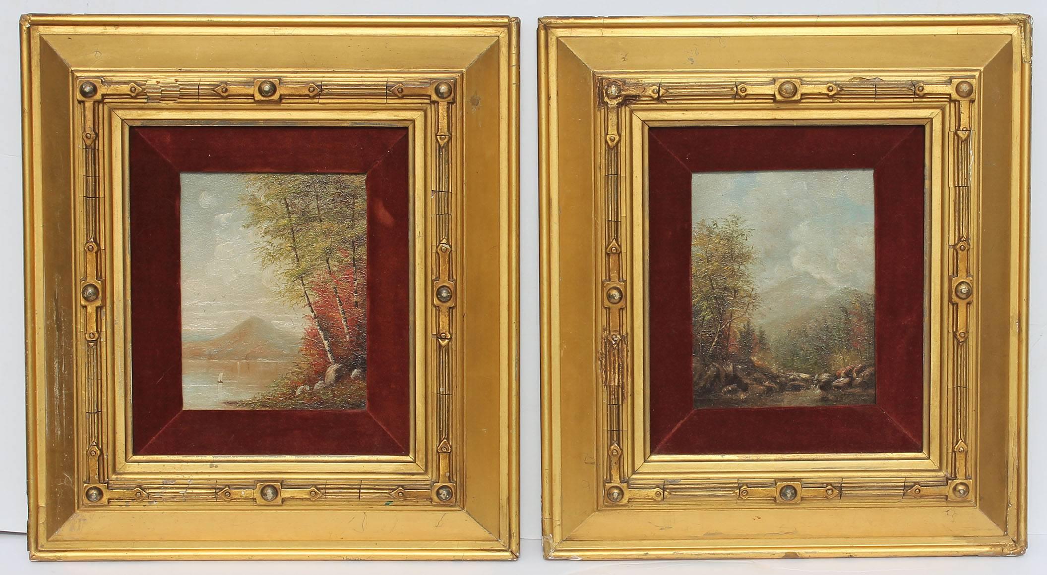 Pair of Hudson river school oil paintings. Possibly the White mountains. One is monogrammed, see last photo. Oil on board. In original frames, circa 1870's.
