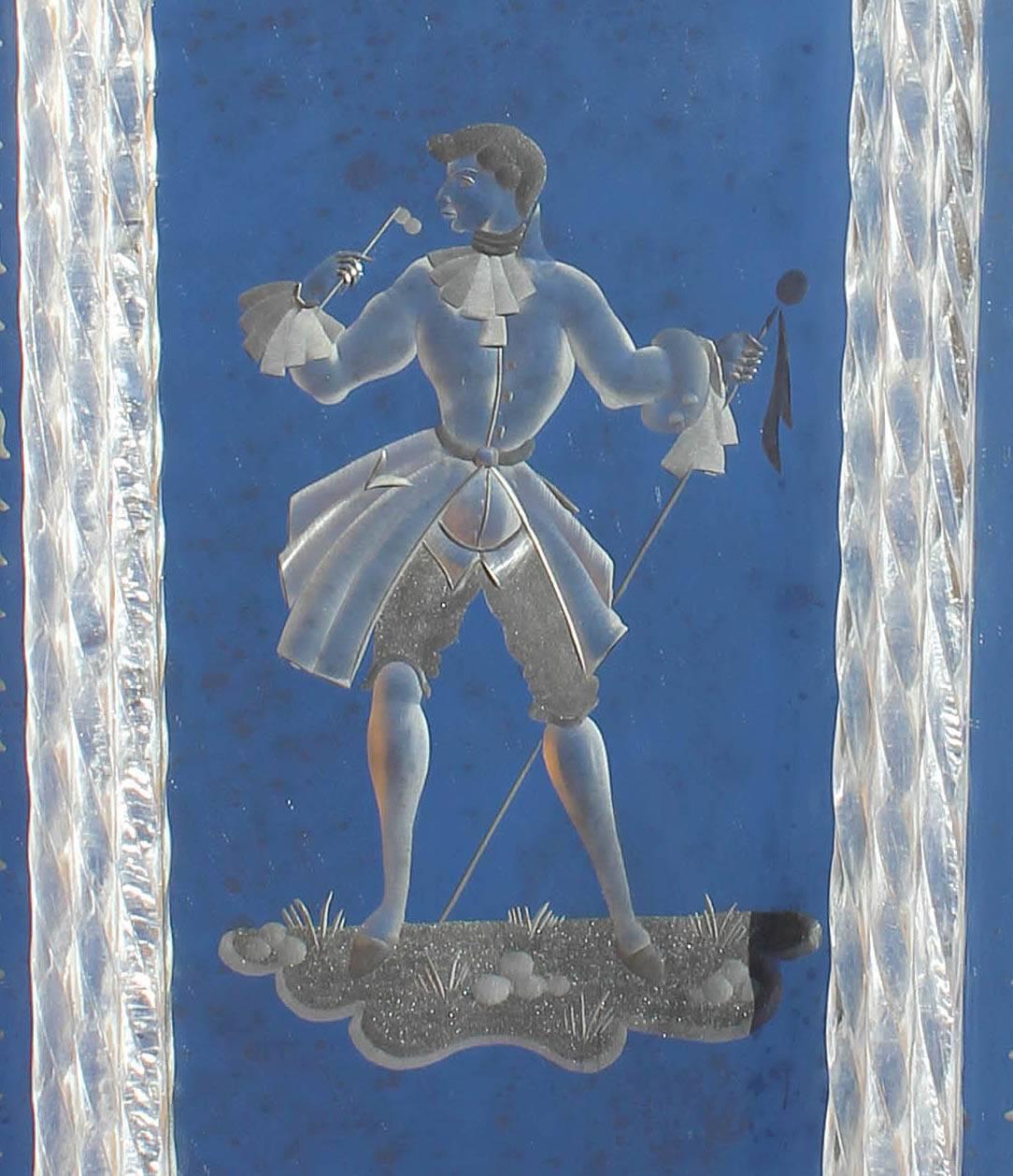 Venetian glass mirror with etched figure of a courtier, circa 1930s.