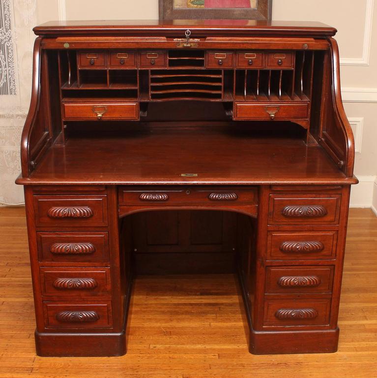 Walnut Roll Top Desk At 1stdibs American Black Walnut Double Pedestal Raised Panel Roll Top Desk In Good Red Condition Ed