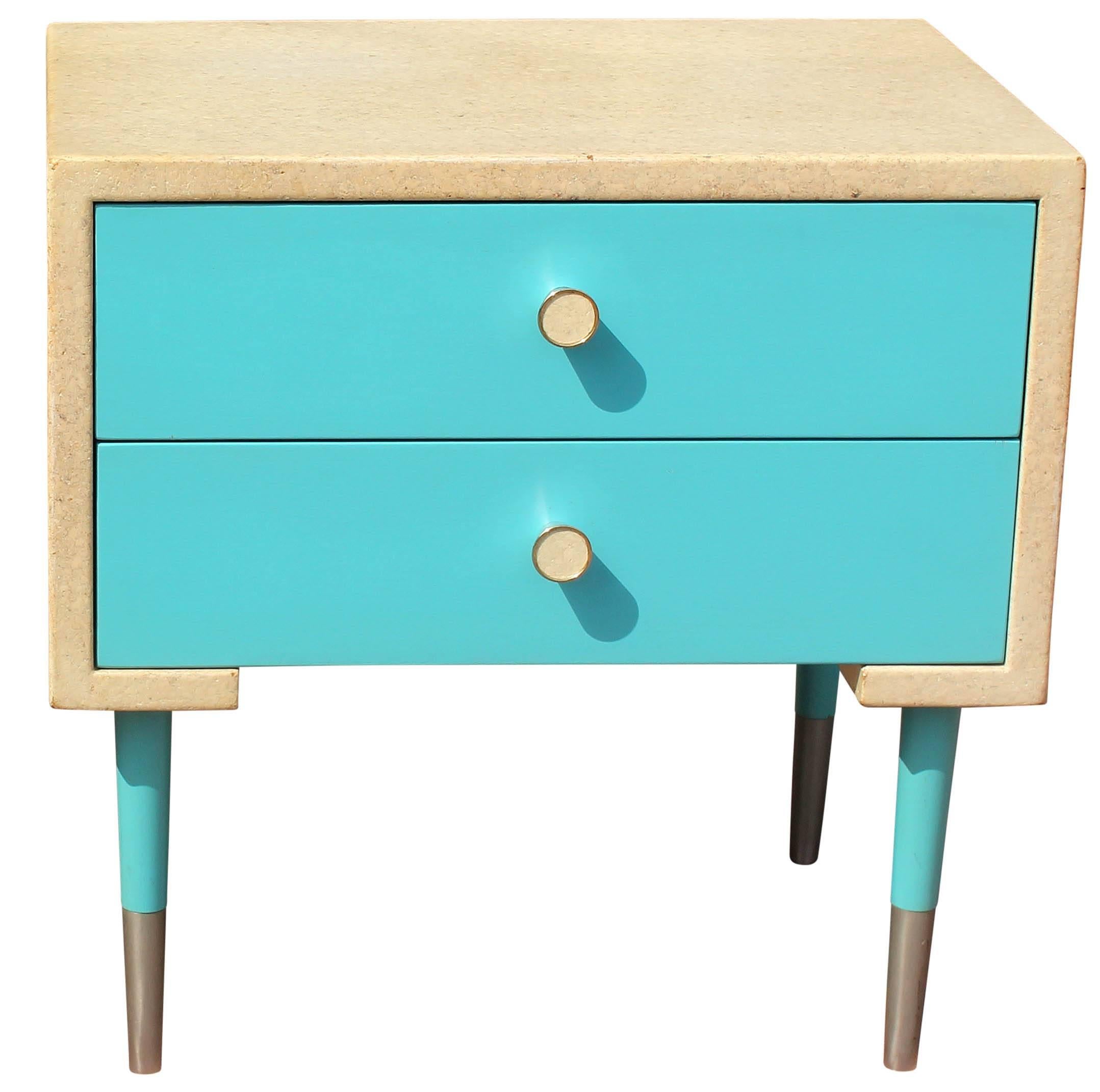 Pair of customized two-drawer end tables or nightstands designed by Paul Frankl for Johnson Furniture Co. lacquered cork tops and sides. Drawers and legs lacquered in robin egg blue. Aluminum pulls and feet. Original owners purchased these in 1954.