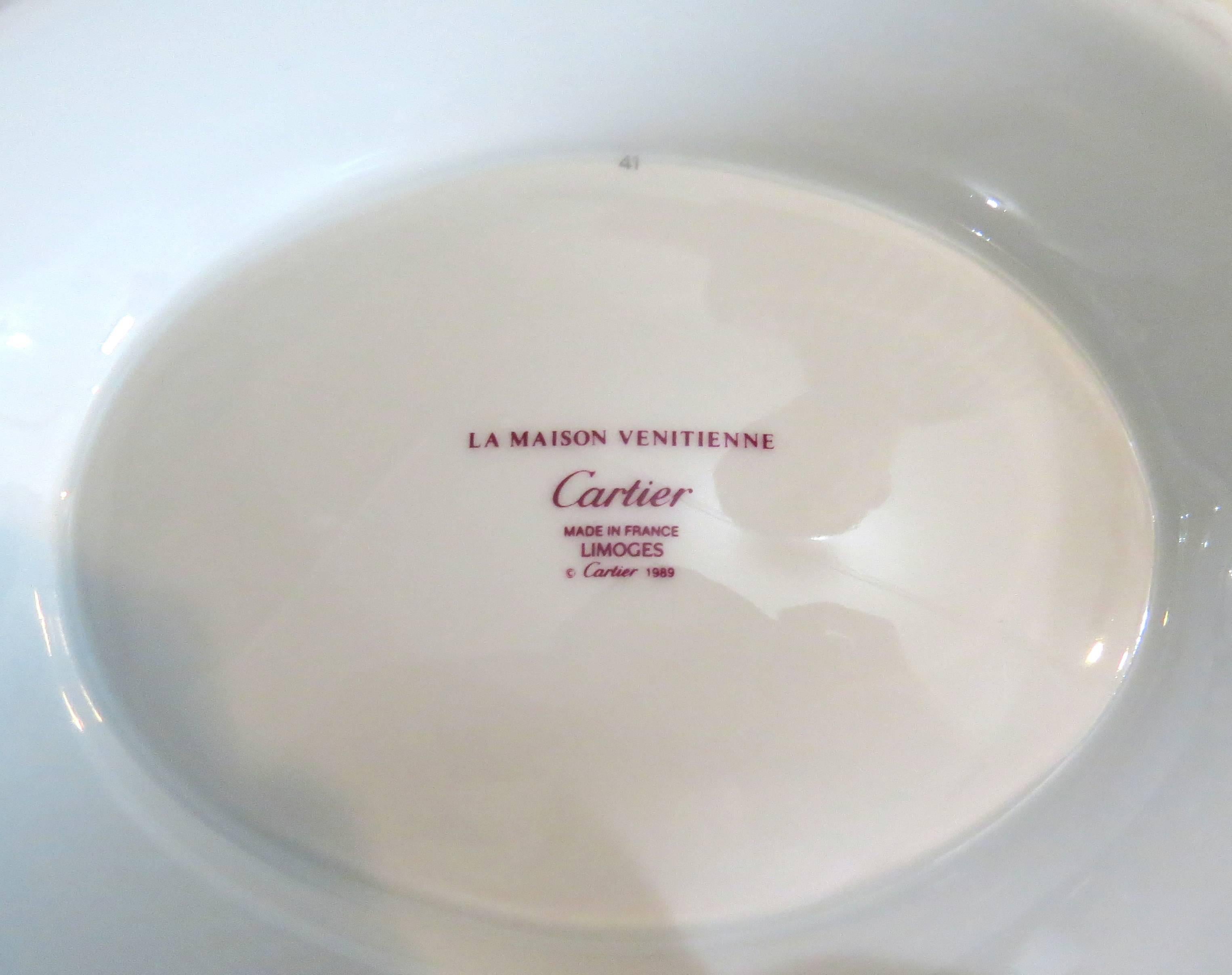 Exquisite porcelain tureen dish, crafted by Cartier for La Maison Venitienne collection, featuring lapis color decor. Tureen overall measurements are 13 1/4