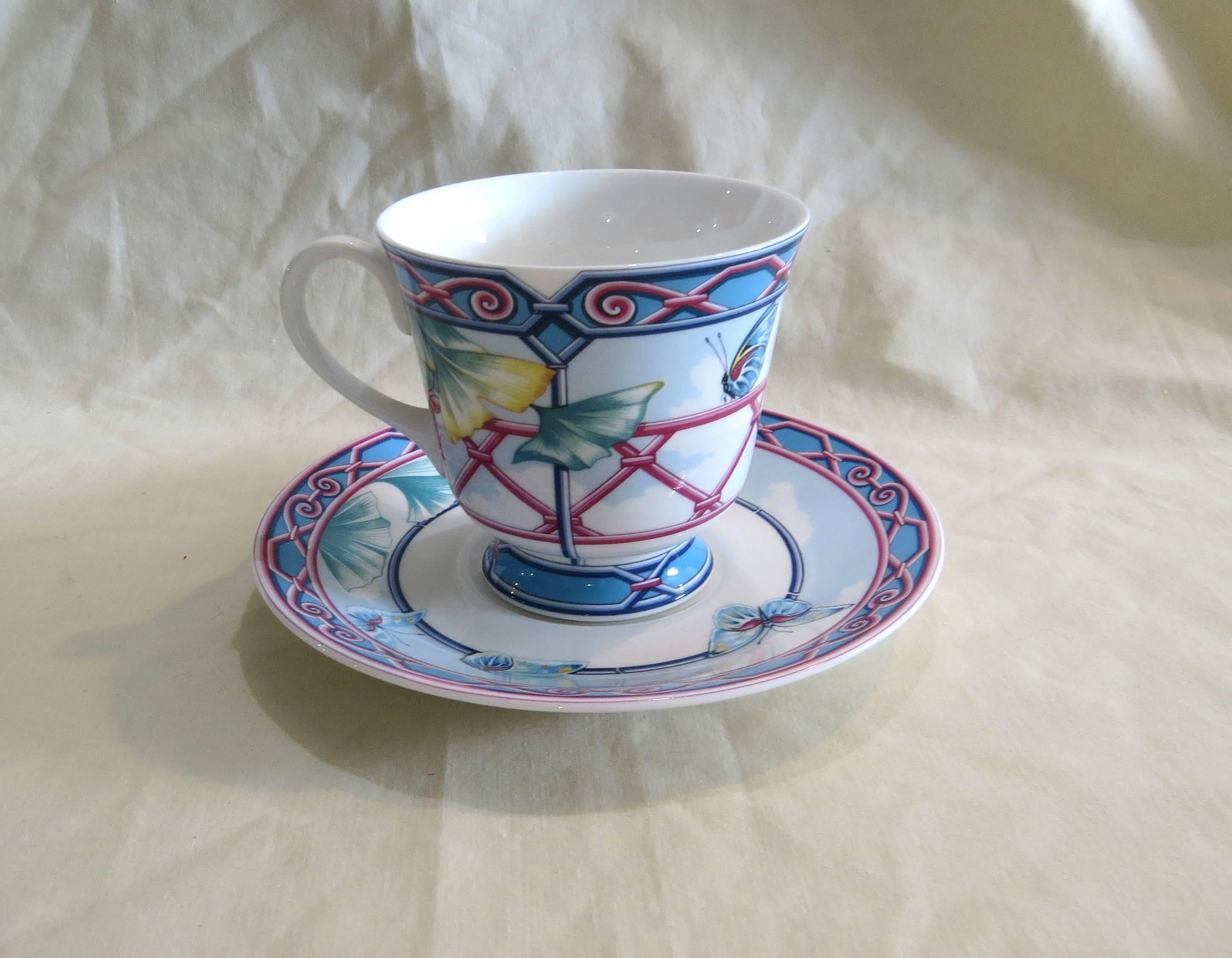 French Hermes Papillons Porcelain Tea Cup with Plate, Set of 16 Pieces For Sale