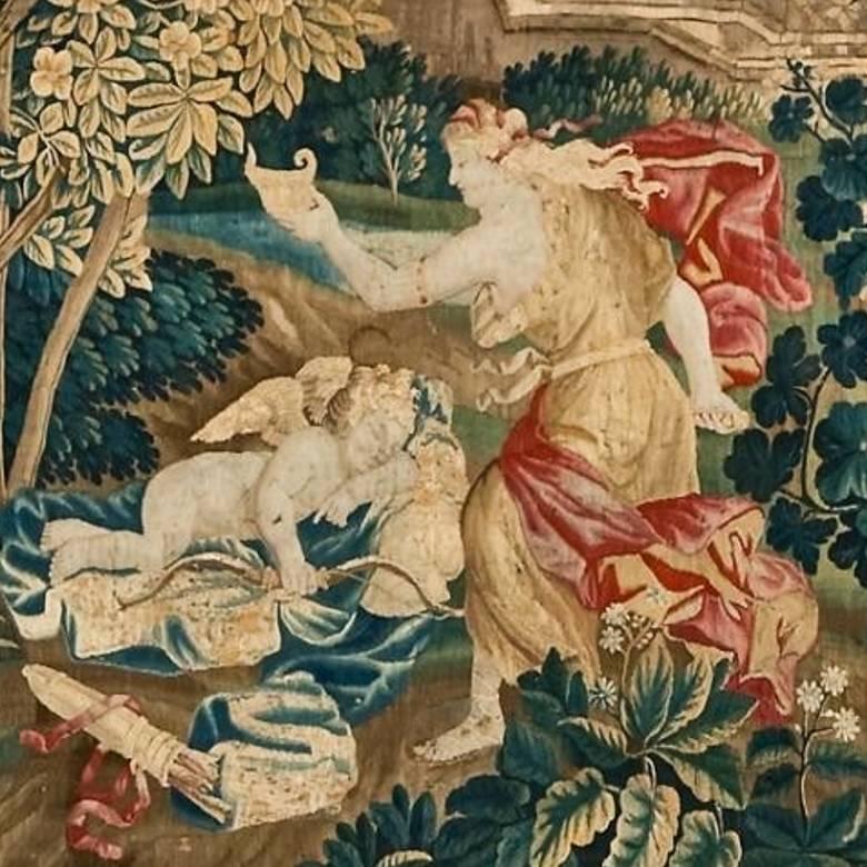 Woven 18th Century Flemish Silk and Wool Tapestry of Pysche and the Sleeping Cupid For Sale