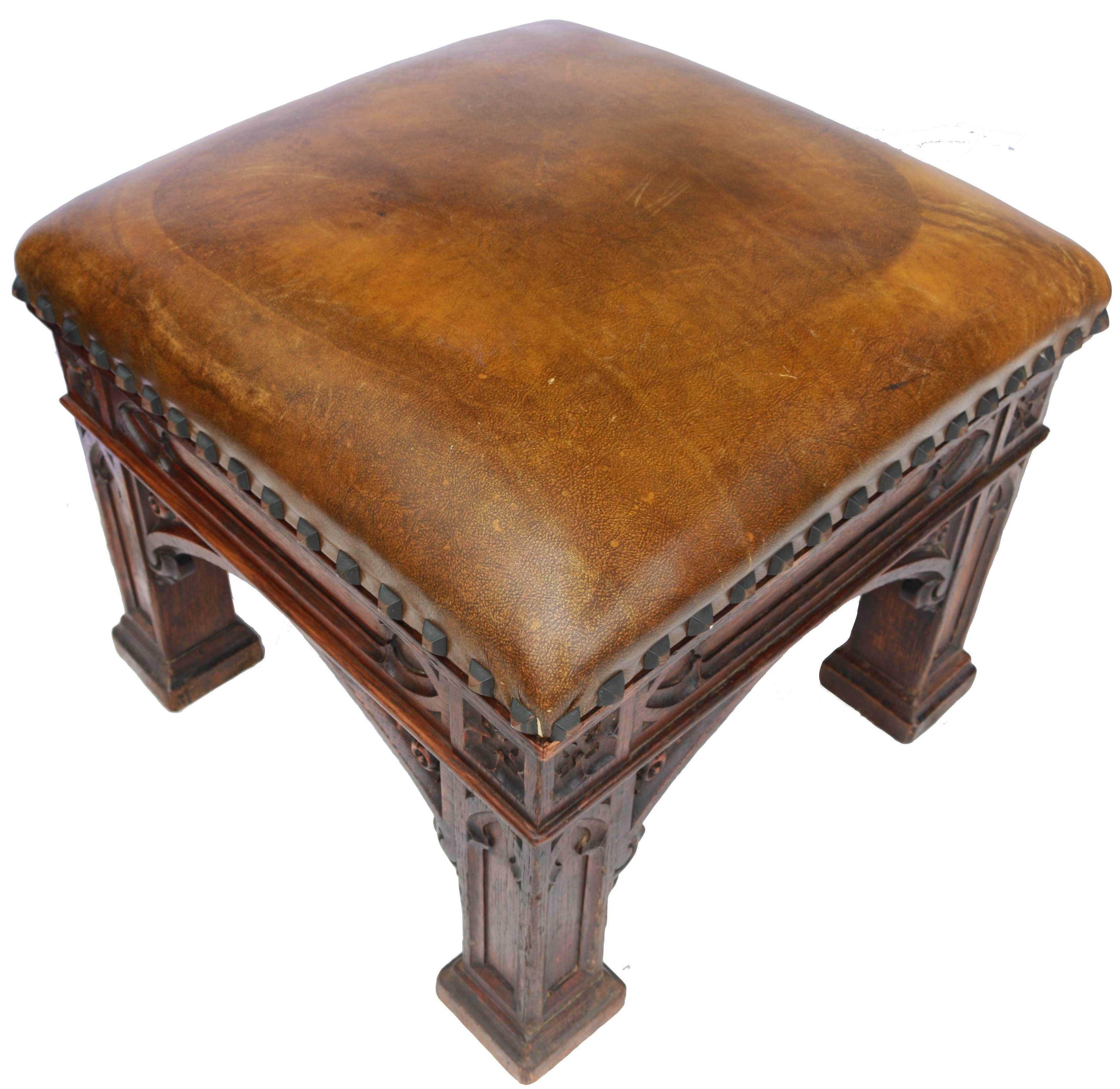 A early 19th century Gothic Revival stool almost identical to designs supplied to Morrel and Seddon from A.W.N. Pugin in 1828.
Examples with subtle differences can be found in the Royal Collection at Windsor Castle.