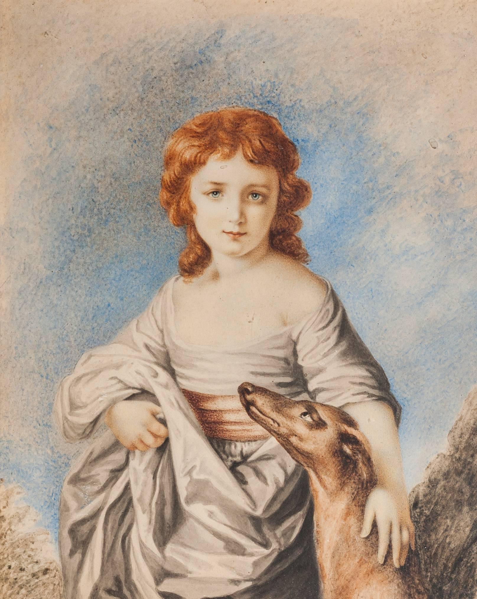 A small Regency portrait fo a young girl with hound. Finley executed in water colours and gouache, the girl is clad in early 19th century classically inspired garb with one hand resting upon her hound.

This picture is surrounded by a gilt frame