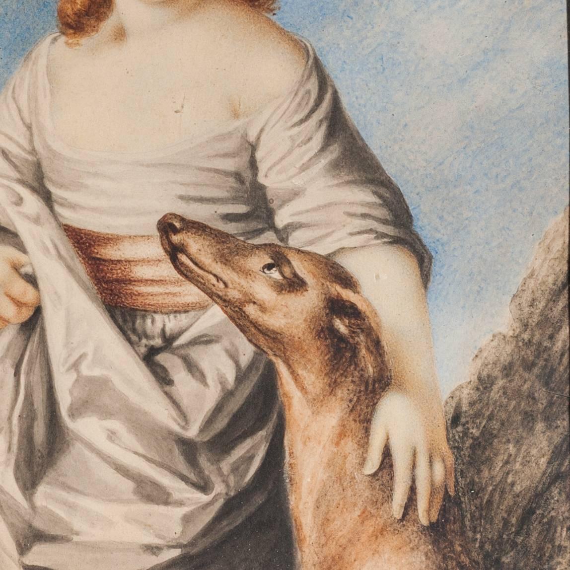 Painted Small Regency Portrait of a Young Girl with Hound For Sale