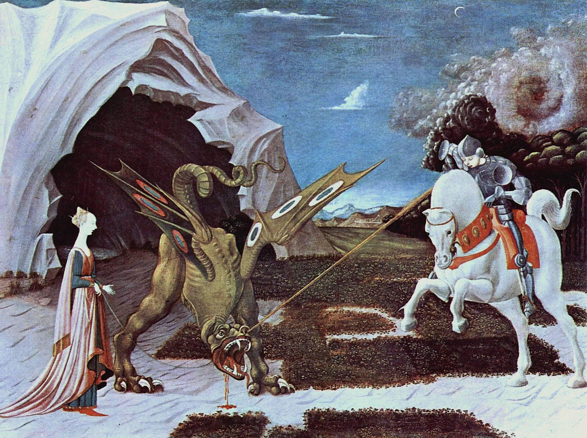 ANDY WARHOL

'St. George and the Dragon' Signed coloured screen print, 

Detail of the Renaissance painting 'St George and the Dragon' c.1740 by Paolo Uccello on display at The National Gallery, London. 

Signed in pencil and numbered from the