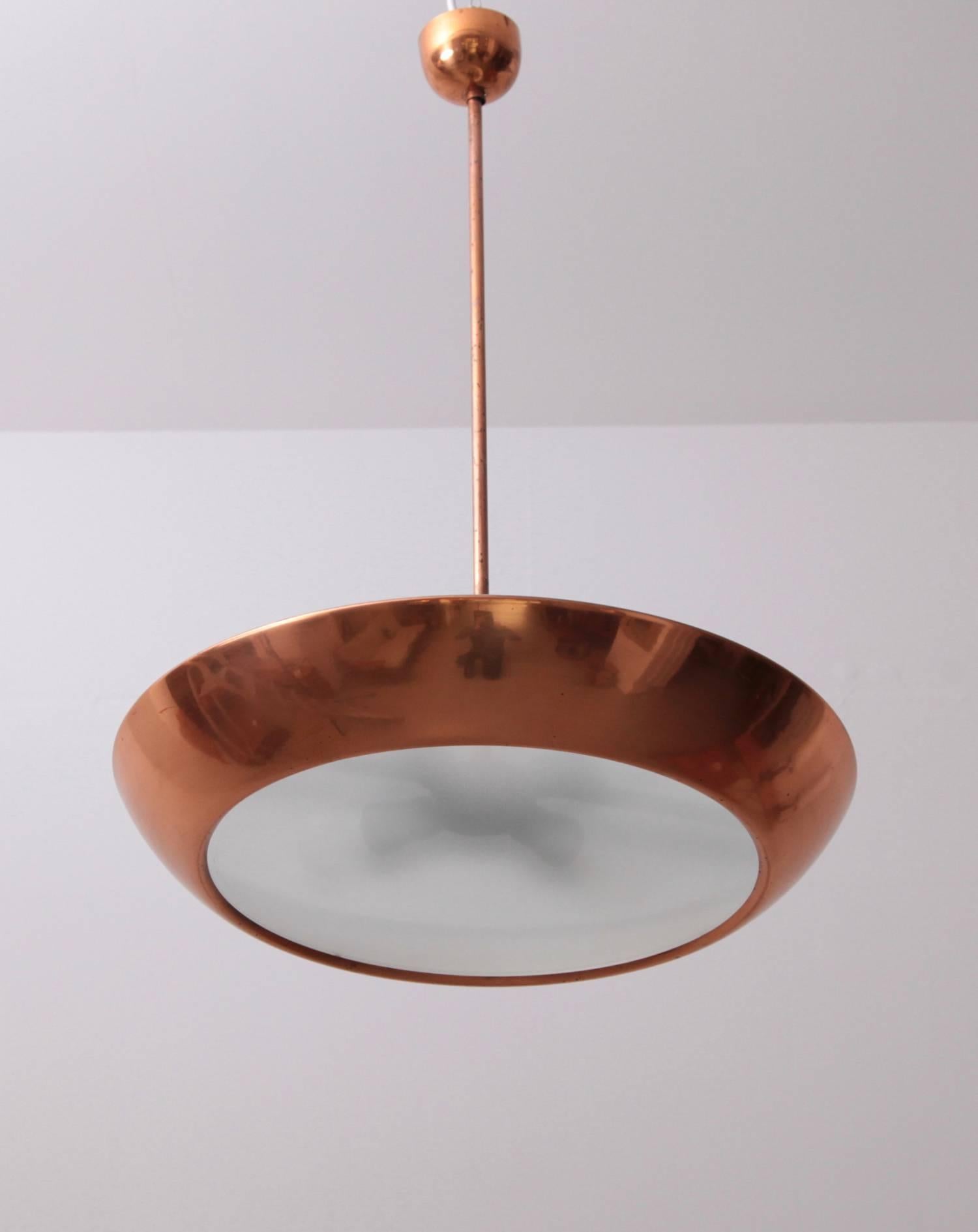 Available one of two Hurka pendant Lamps in copper in very good condition. 4xE27 each and newly wired.
To be on the safe side, the lamp should be checked locally by a specialist concerning local requirements.

