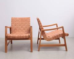 Set of Two Early Jens Risom Armchairs by Knoll with New Leather Webbing