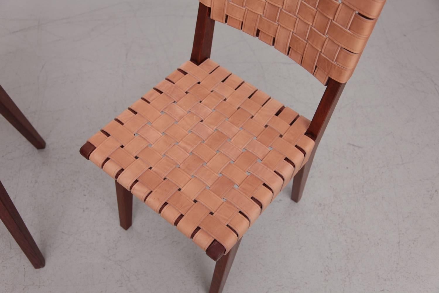 Mid-Century Modern Rare Oak Jens Risom Set of Ten Webbed Knoll Chairs in Leather Webbing, France