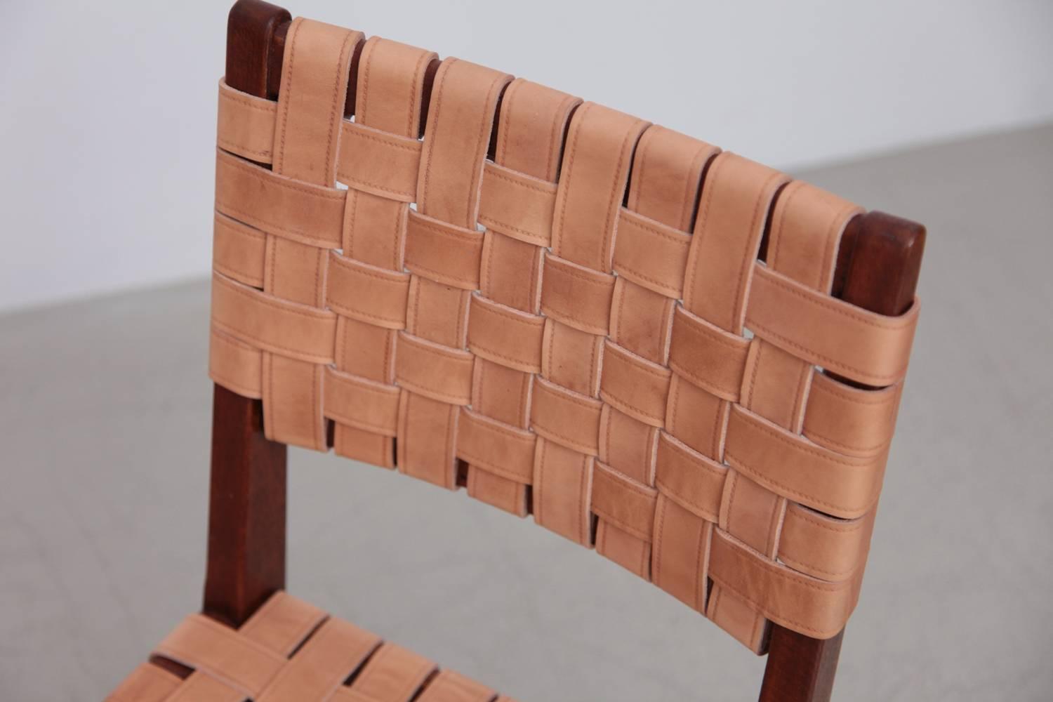 Rare Oak Jens Risom Set of Ten Webbed Knoll Chairs in Leather Webbing, France In Excellent Condition In Berlin, DE