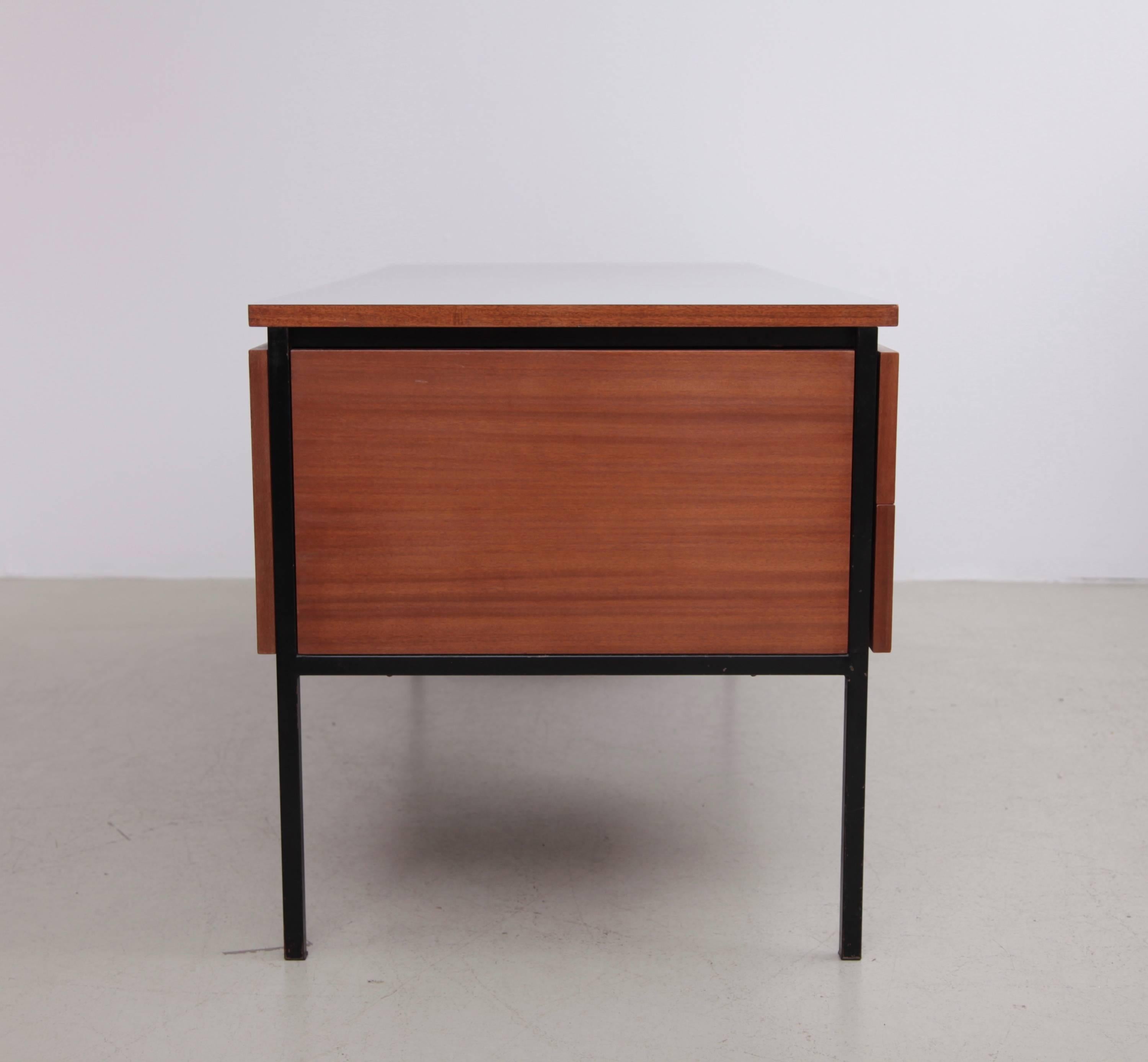 Mid-Century Modern Mahogany Desk with grey formica by Pierre Guariche for Minivelle, France, 1960s