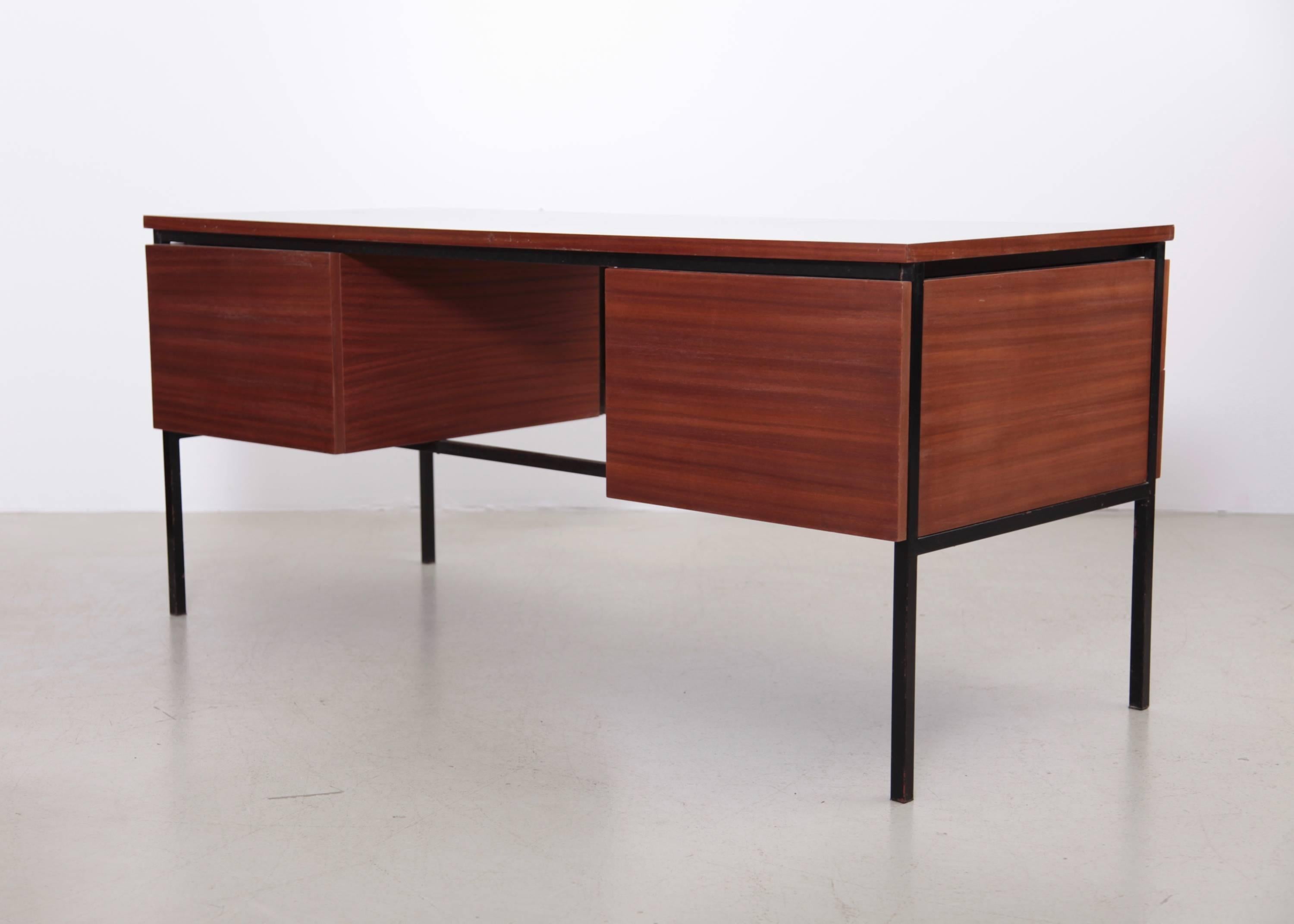 French Mahogany Desk with grey formica by Pierre Guariche for Minivelle, France, 1960s