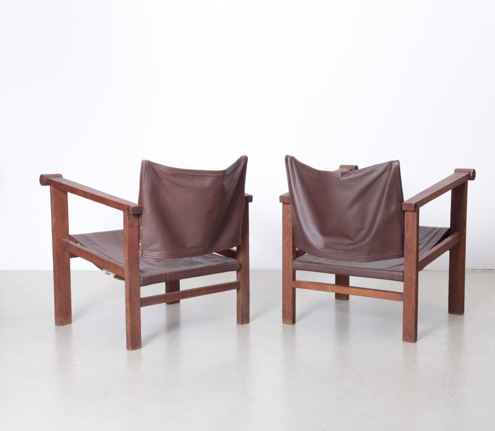 Mid-20th Century Pair of French Art Deco Reclining Sling Leather Lounge Chairs, 1940s