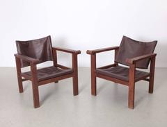 Pair of French Art Deco Reclining Sling Leather Lounge Chairs, 1940s