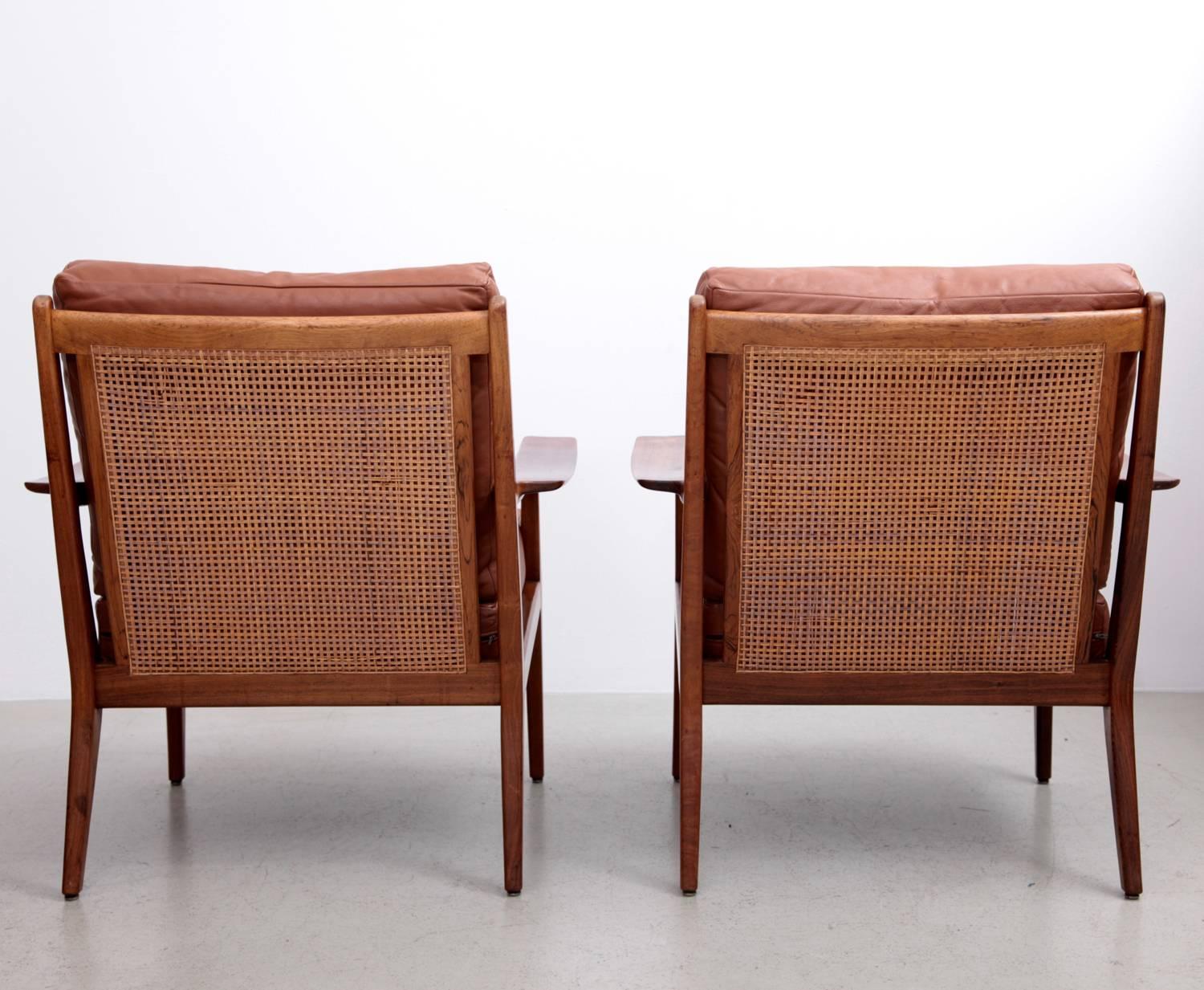 Mid-Century Modern Pair of Danish Wood Lounge Chairs in Leather and Cane