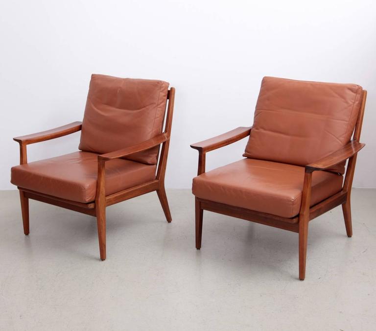 Pair of Danish Wood Lounge Chairs in Leather and Cane For Sale at 1stdibs