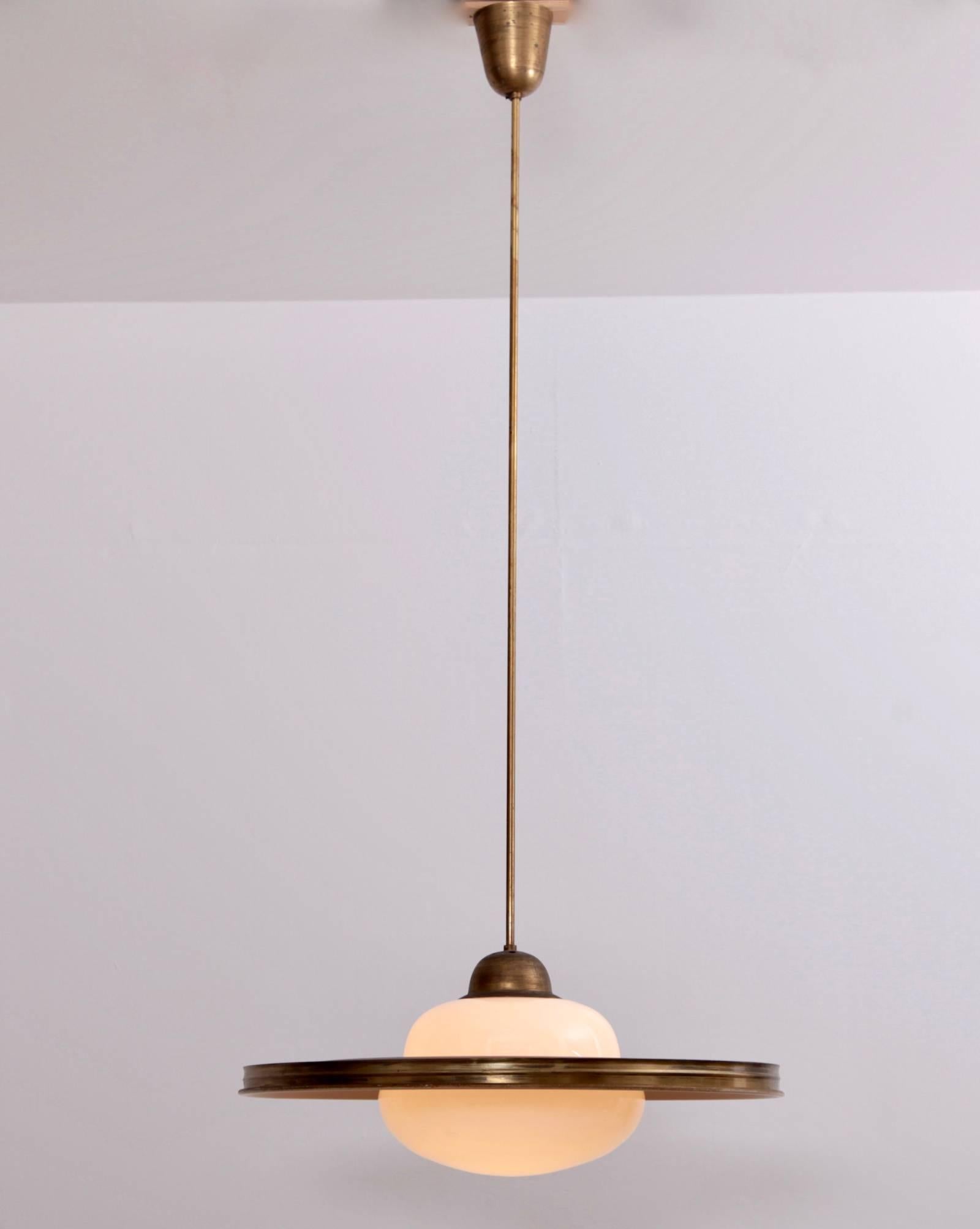 German Huge pair of 1930s Functionalism Pendant Lamps in Brass and Glass