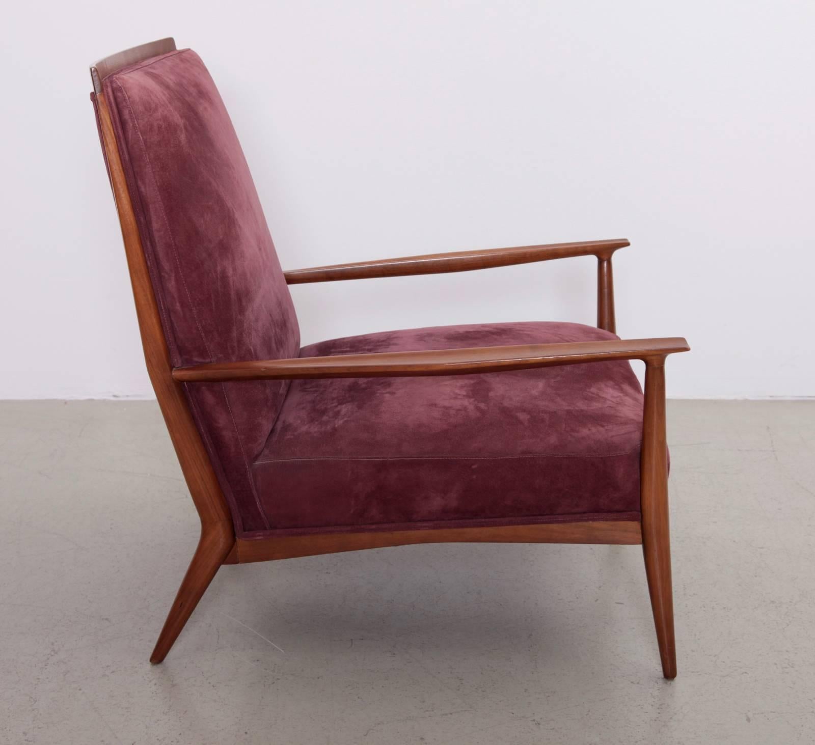 Same chair as on the cover of the famous McCobb Directional Book. Frame is walnut and cover is in excellent condition nubuck leather in purple. Very cool combo with the walnut.