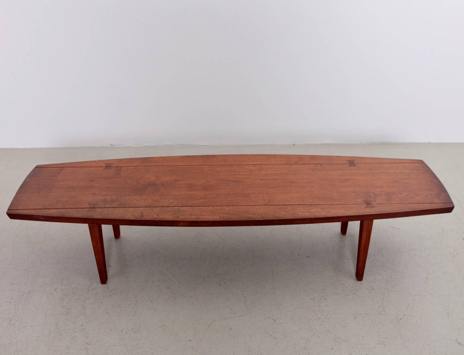 High end studio coffee table with beautiful details. The butterfly shaped legs go through the top and shows a Classic woodworking detail. Very good original condition.