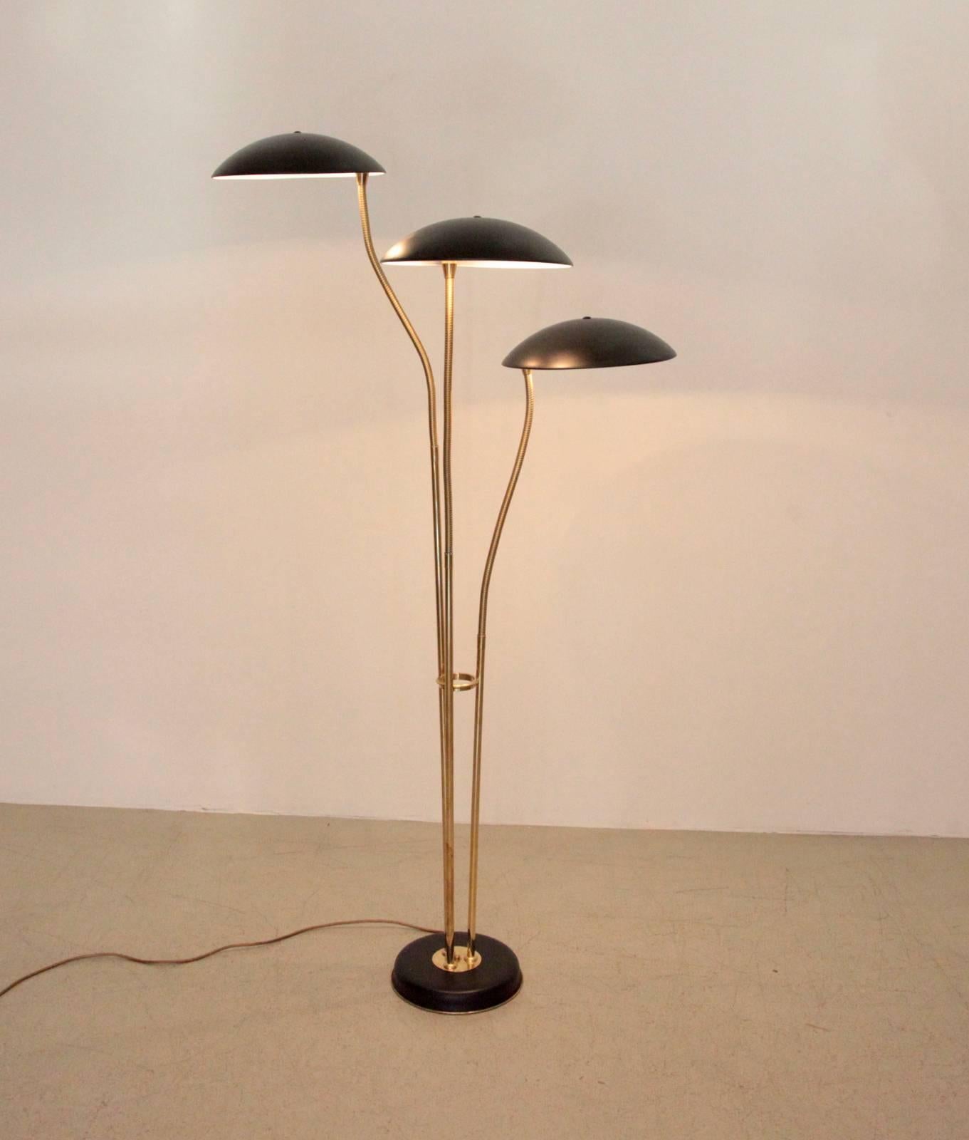 Very unusual Italian floor lamp with adjustable shades in black lacquered metal and brass arms. Condition is absolute excellent.

