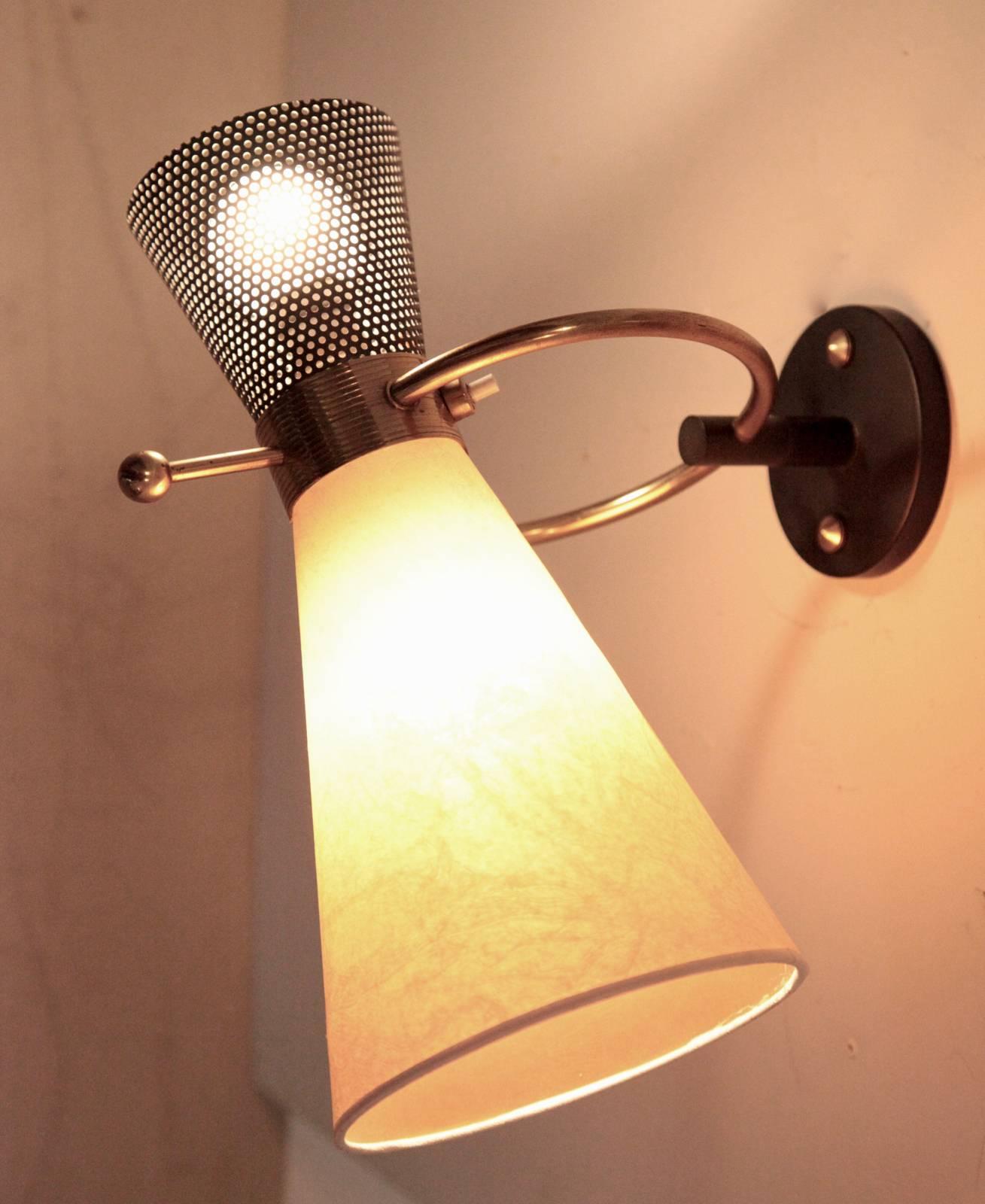 French Wall Lamp with Cone Shade in Metal and Fabric by Arlus, France, 1950s