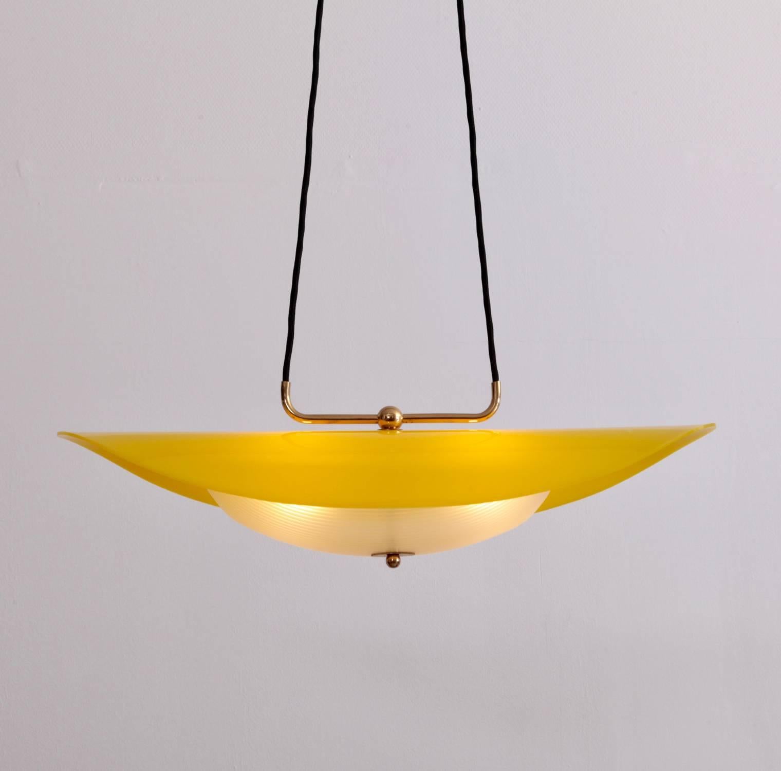 Brass Italian 1950s Pendant with Yellow and White Perspex Shade