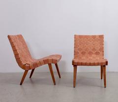 Pair of Early Jens Risom 654W Lounge Chairs by Knoll with New Leather Webbing