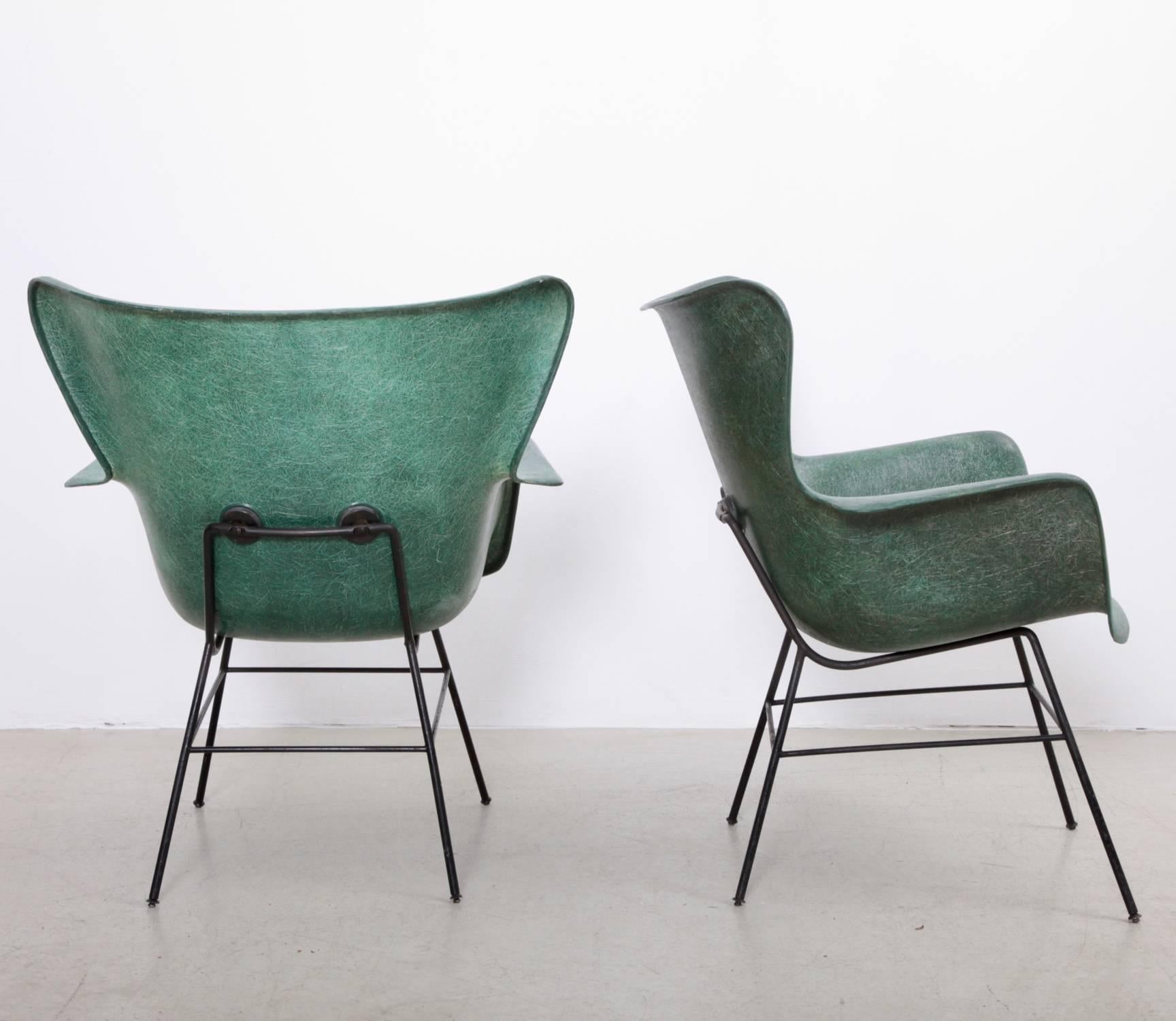 American Pair of Green Luther Conover Molded Fiberglass Lounge Chairs