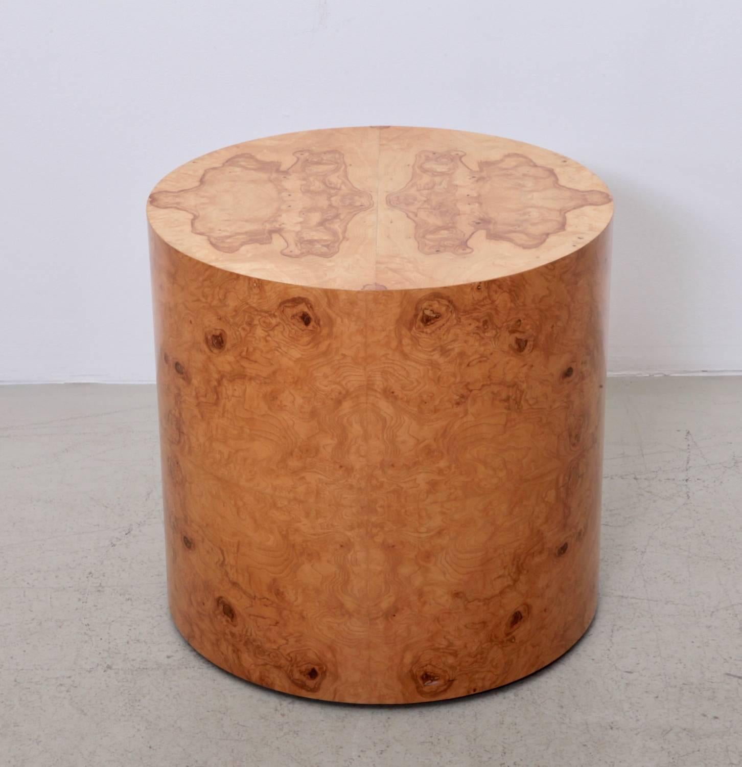 Very unique grain on this Baughman drum table in ash burl. A different picture from every angle. The table is in very good condition.