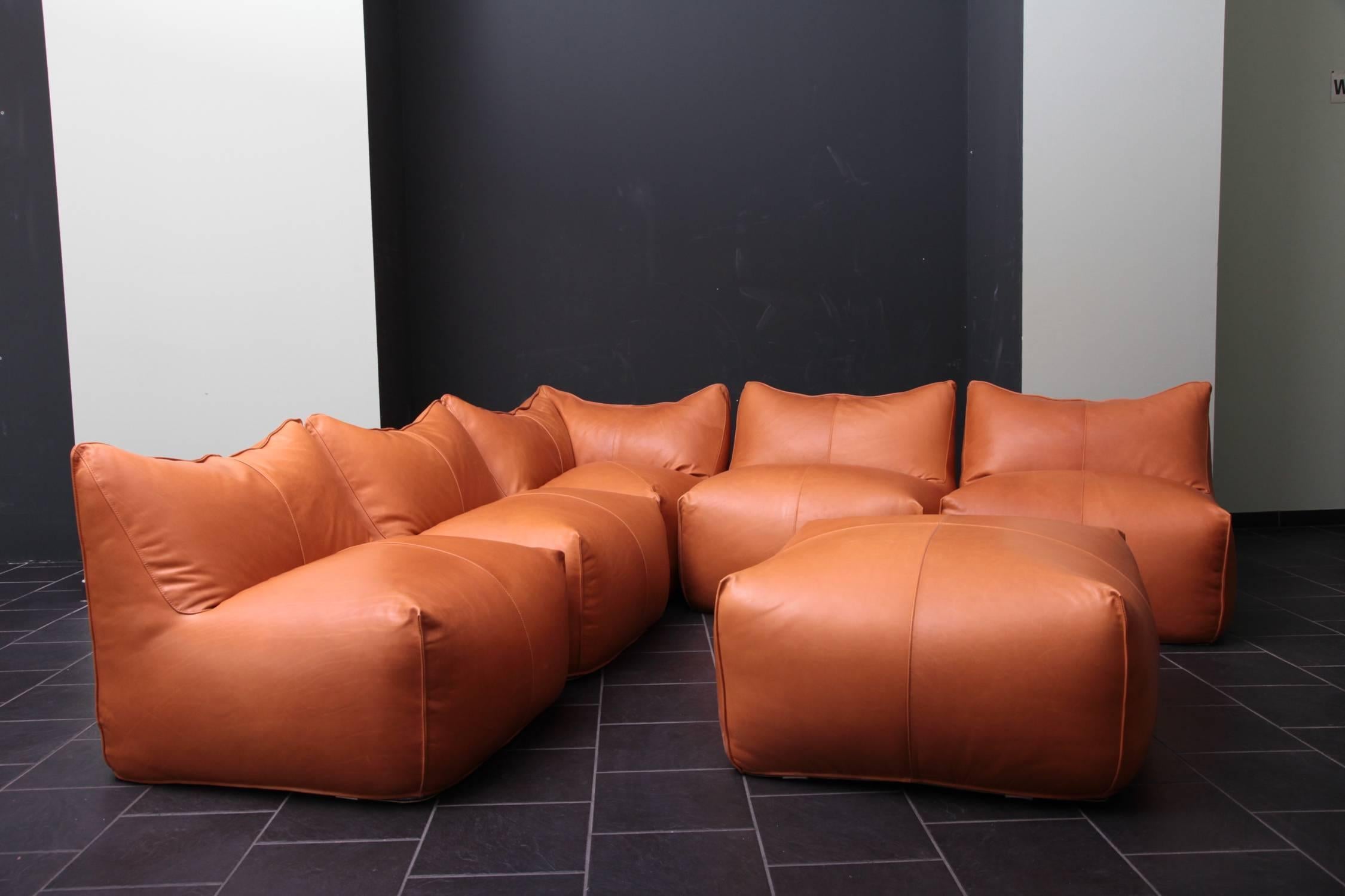 Mid-Century Modern Six Pieces of Sectional Bambole Sofa, Mario Bellini for B&B Italia Tan Leather