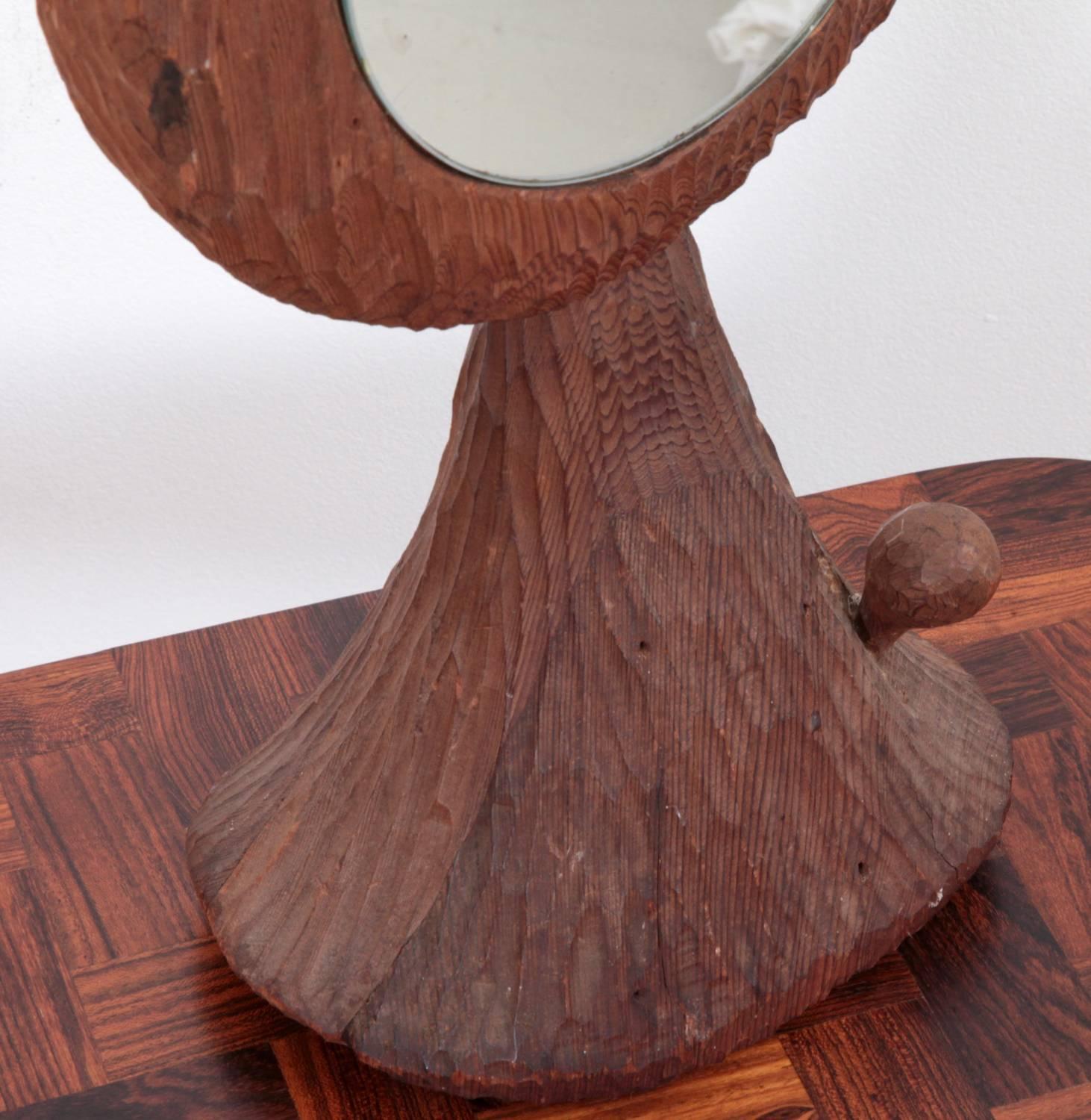 Hand-carved solid redwood sculpture with mirror by Jdmz. A 1960s studio piece in excellent condition.

