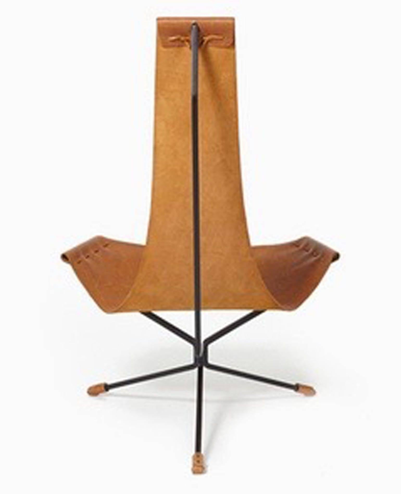 The Lotus chair designed by Daniel Wenger in the 1960s. Handmade during the 1970s and currently since 2009 by Daniel and son Sam. Solid steel powder-coated frame with heavy handpicked latigo leather sling.
The large version has more spring in the